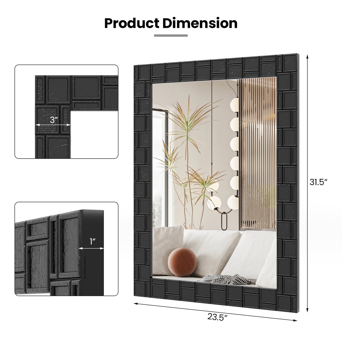 Wood Framed Wall Mirror Rectangle Vanity Mirror for Living Room Entryway-Black Kids Crystal