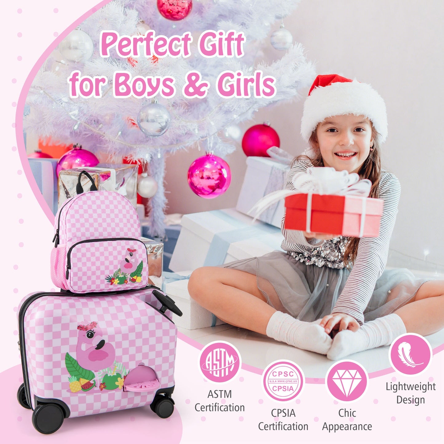 2 Pieces Kid Luggage Set with Spinner Wheels and Aluminum Handle-White & Pink Kids Crystal