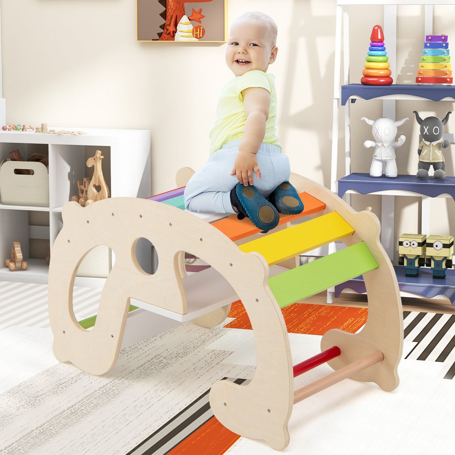 2-in-1 Rocking Horse Arch for Kids Montessori Climbing Toys with Arch Climber-Multicolor Kids Crystal