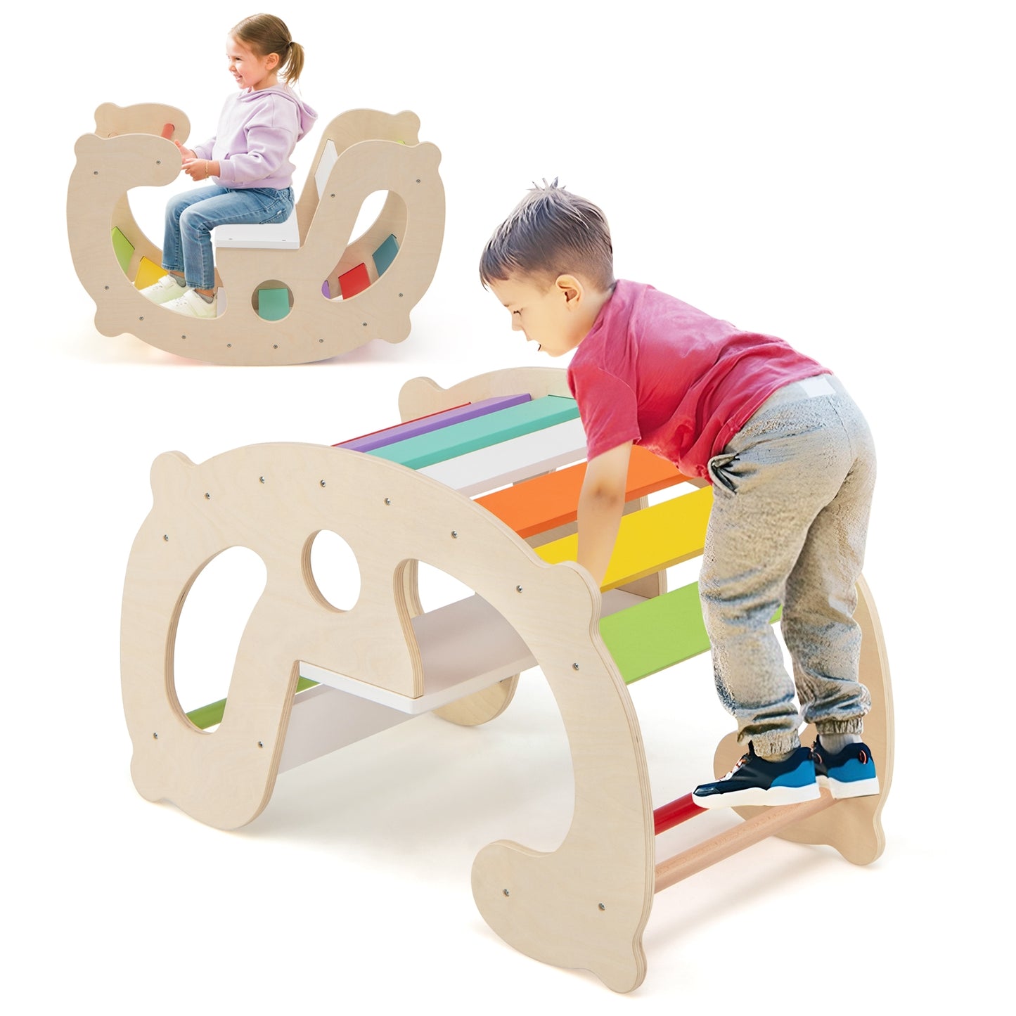 2-in-1 Rocking Horse Arch for Kids Montessori Climbing Toys with Arch Climber-Multicolor Kids Crystal
