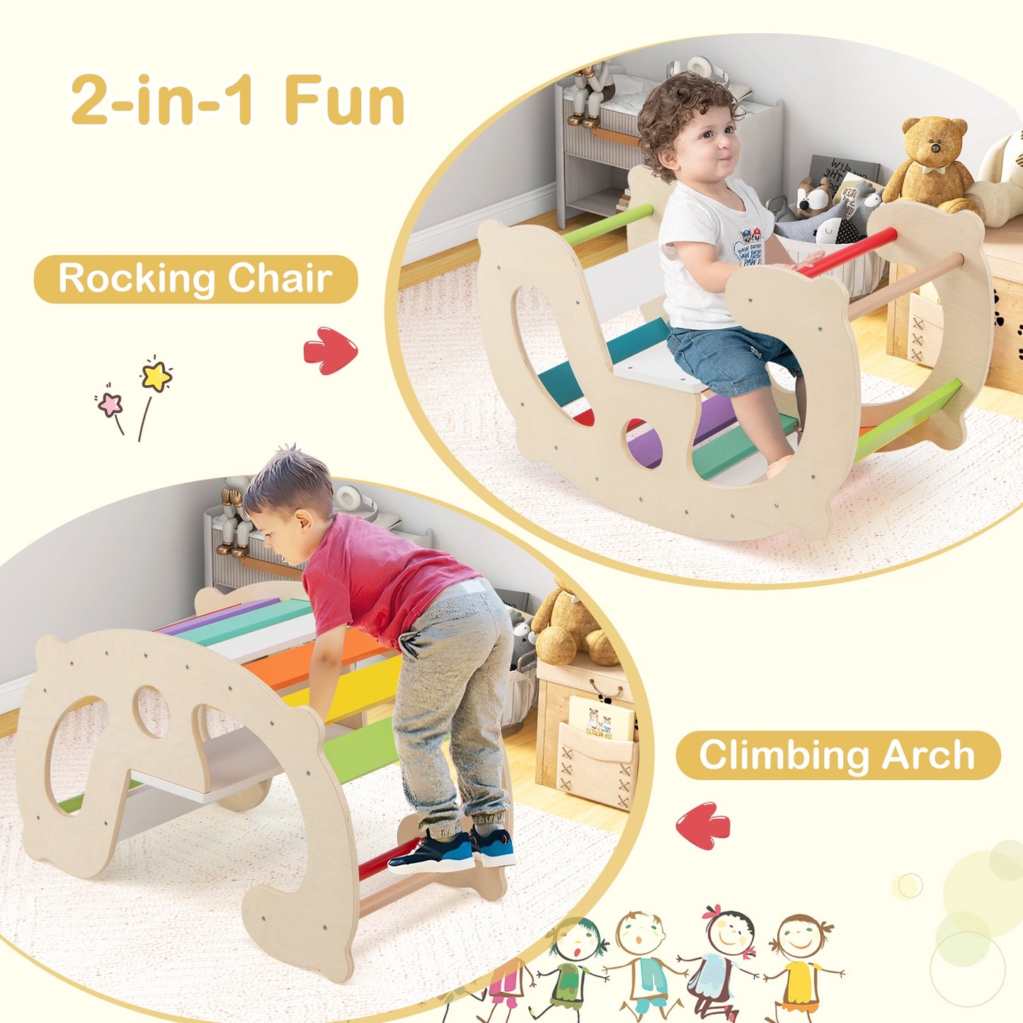 2-in-1 Rocking Horse Arch for Kids Montessori Climbing Toys with Arch Climber-Multicolor Kids Crystal