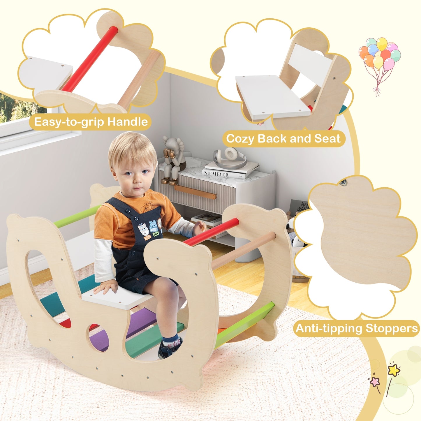 2-in-1 Rocking Horse Arch for Kids Montessori Climbing Toys with Arch Climber-Multicolor Kids Crystal