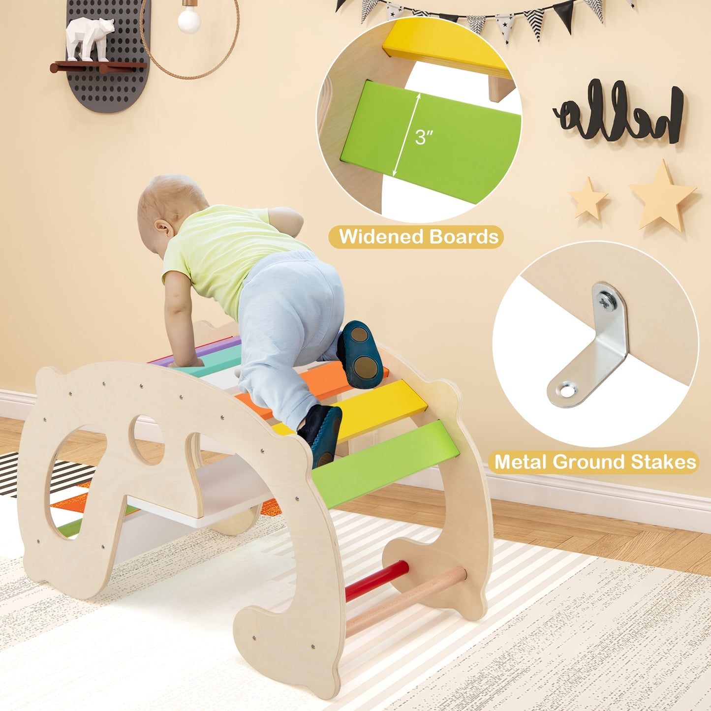 2-in-1 Rocking Horse Arch for Kids Montessori Climbing Toys with Arch Climber-Multicolor Kids Crystal