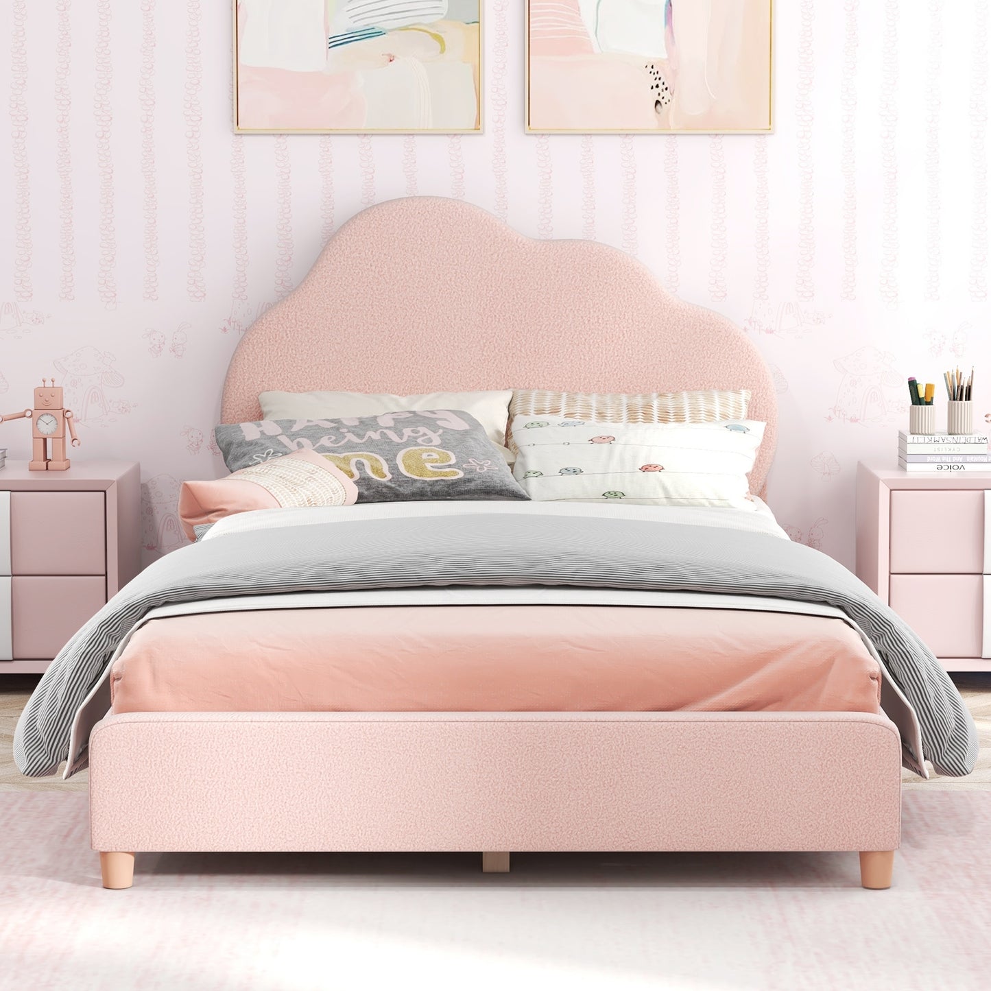 Twin Bed Frame with Height-Adjustable Headboard and Sturdy Wooden Slats-Gradient Pink Kids Crystal