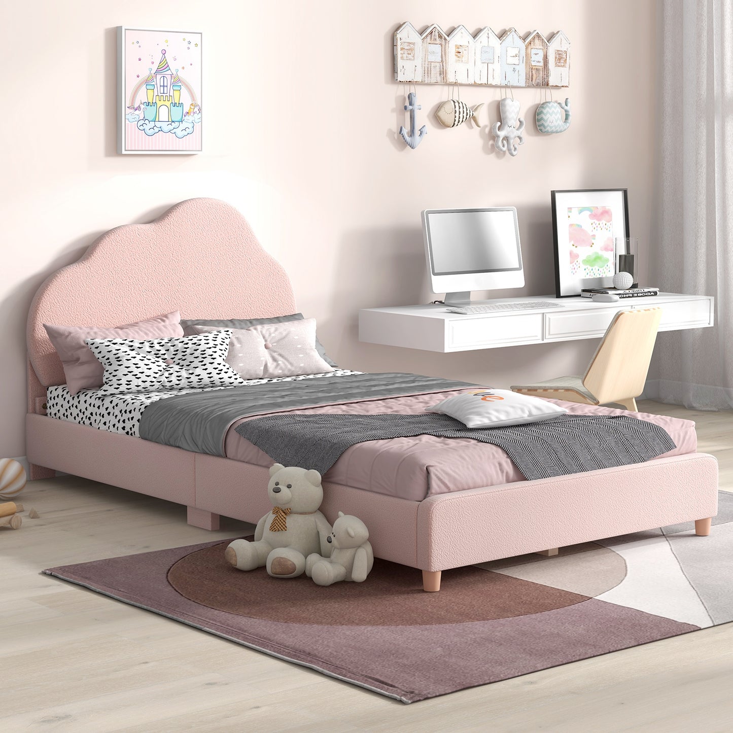 Twin Bed Frame with Height-Adjustable Headboard and Sturdy Wooden Slats-Gradient Pink Kids Crystal