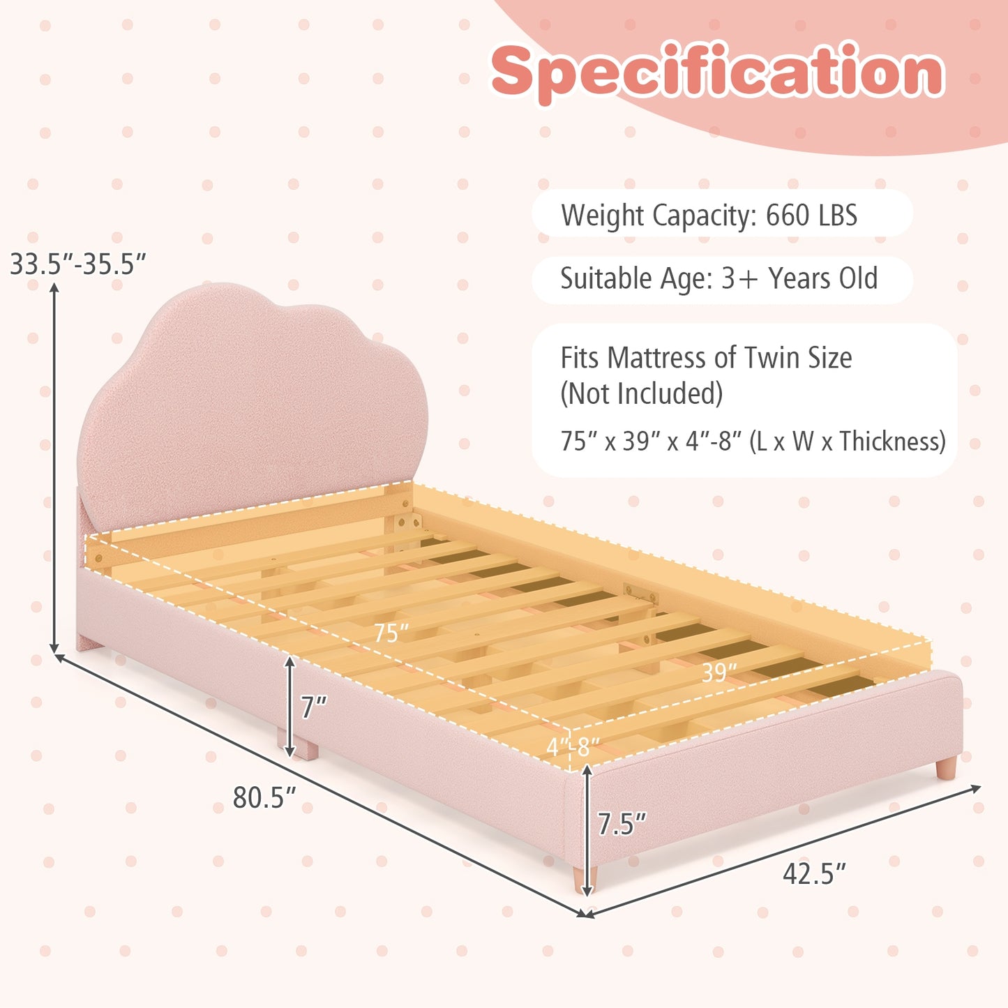 Twin Bed Frame with Height-Adjustable Headboard and Sturdy Wooden Slats-Gradient Pink Kids Crystal
