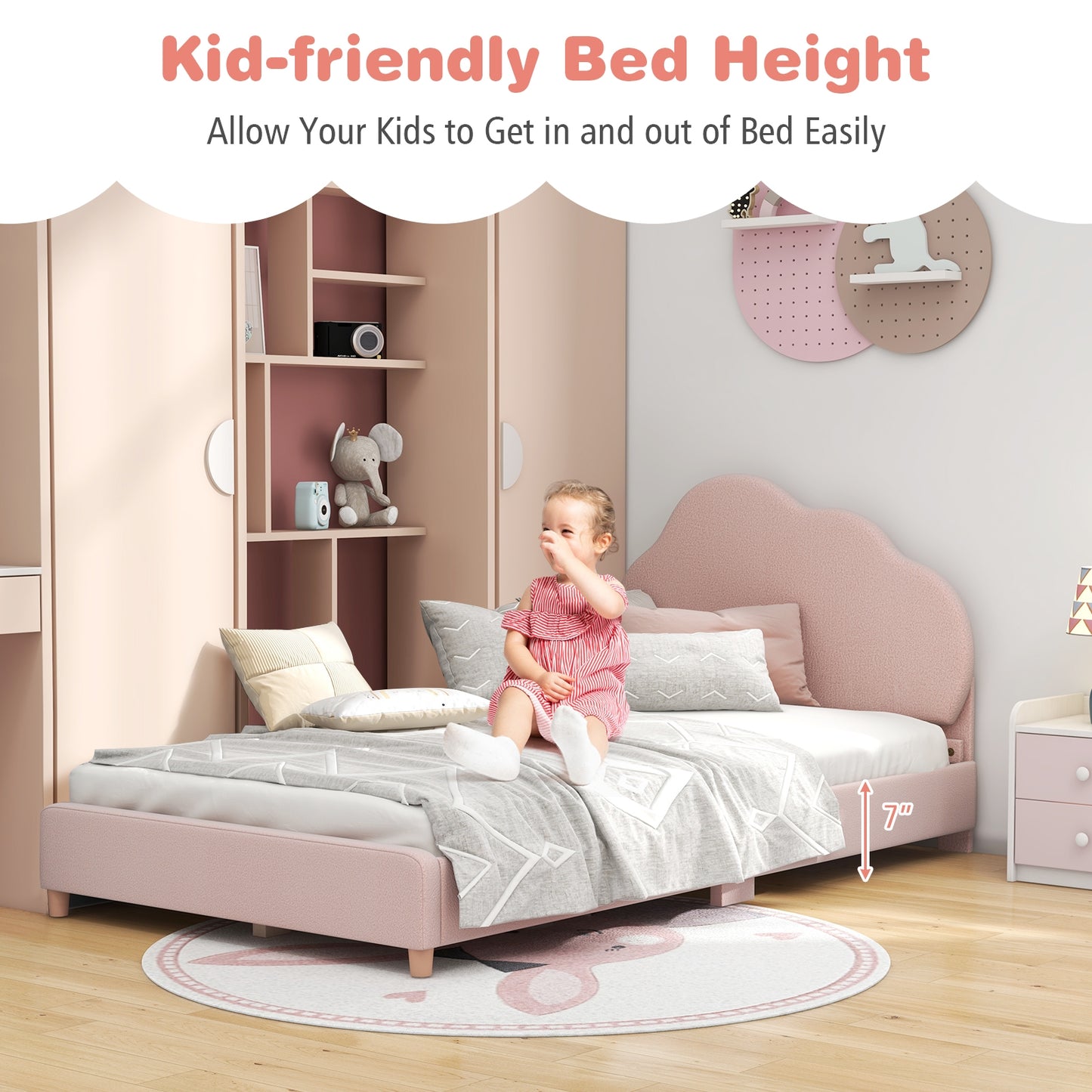 Twin Bed Frame with Height-Adjustable Headboard and Sturdy Wooden Slats-Gradient Pink Kids Crystal