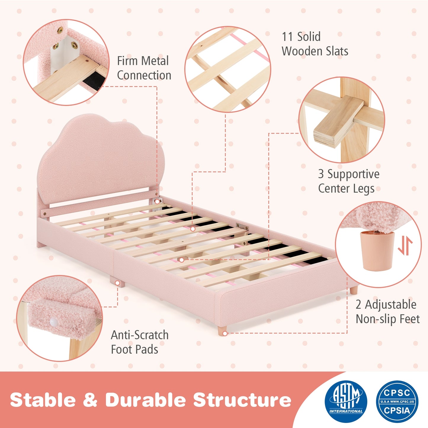 Twin Bed Frame with Height-Adjustable Headboard and Sturdy Wooden Slats-Gradient Pink Kids Crystal