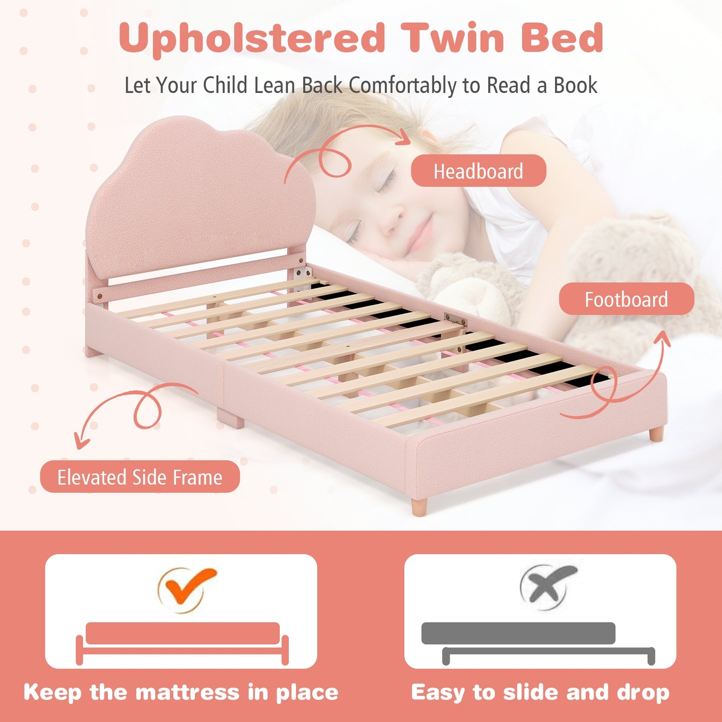 Twin Bed Frame with Height-Adjustable Headboard and Sturdy Wooden Slats-Gradient Pink Kids Crystal