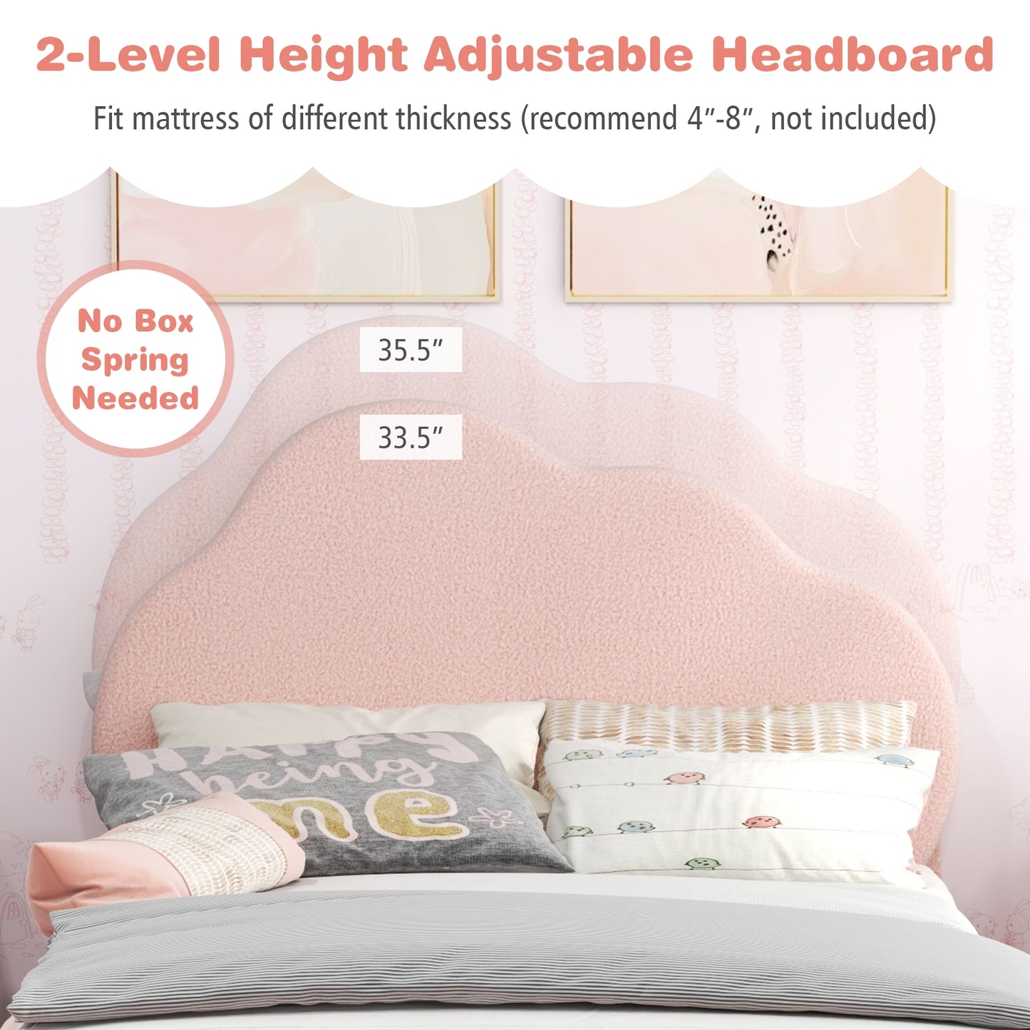 Twin Bed Frame with Height-Adjustable Headboard and Sturdy Wooden Slats-Gradient Pink Kids Crystal