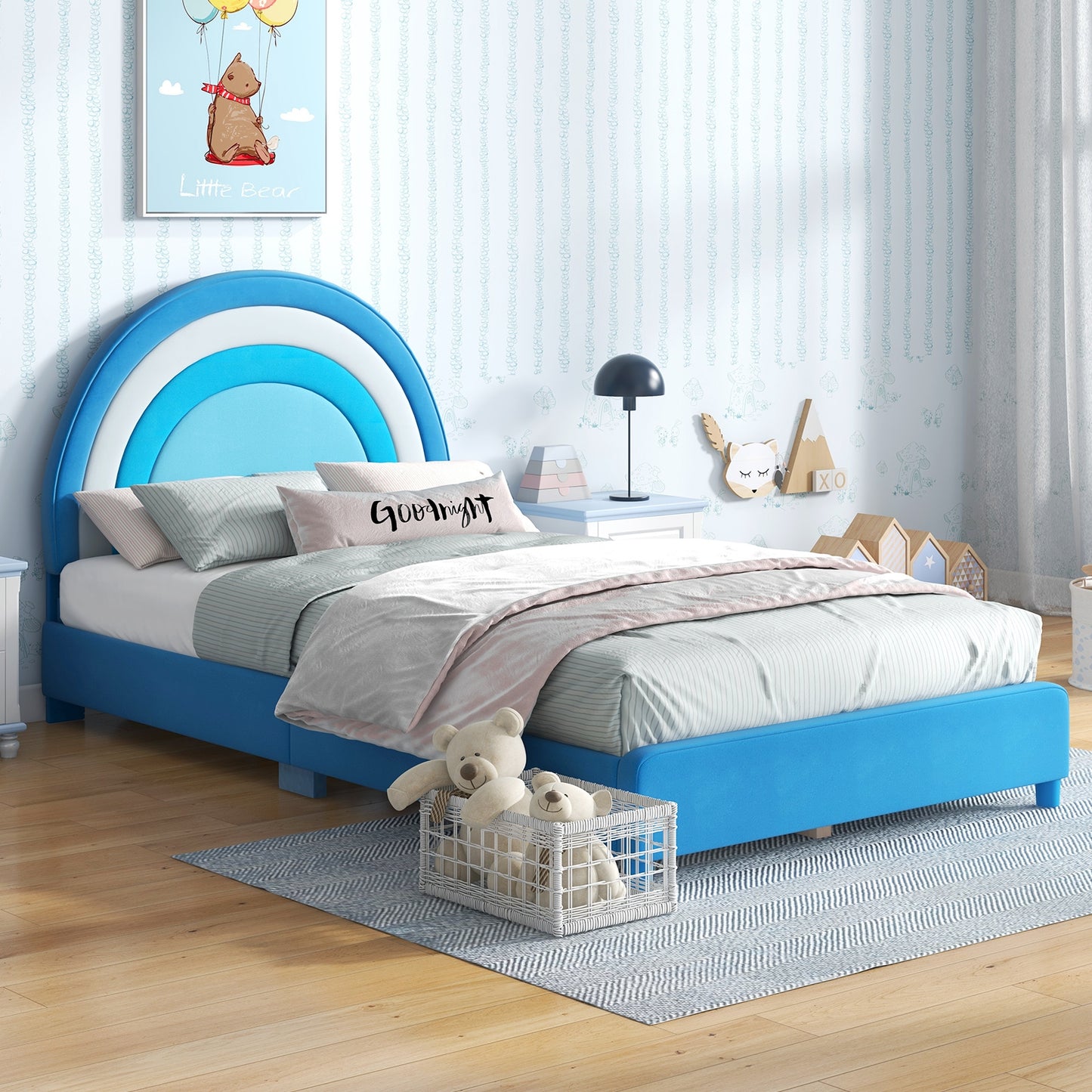 Twin Bed Frame with Height-Adjustable Headboard and Sturdy Wooden Slats-Blue Kids Crystal