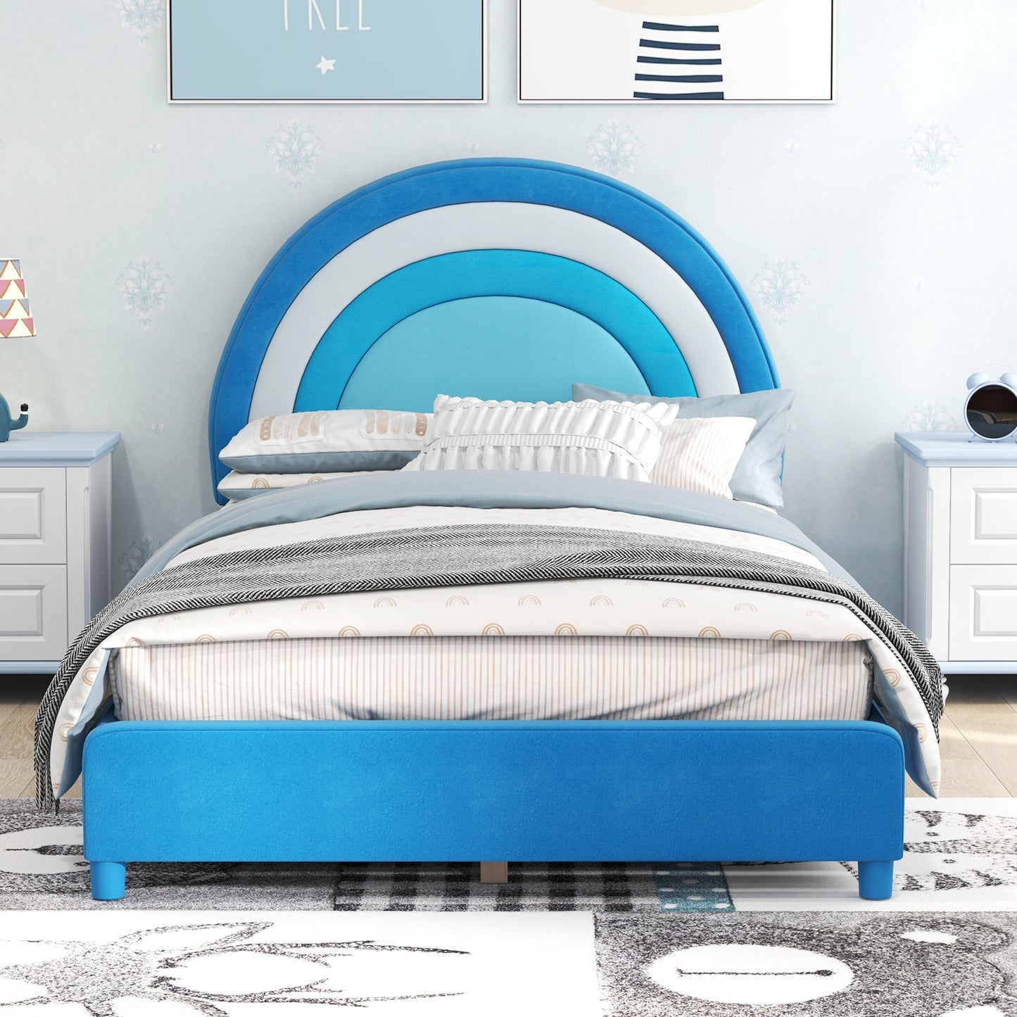 Twin Bed Frame with Height-Adjustable Headboard and Sturdy Wooden Slats-Blue Kids Crystal