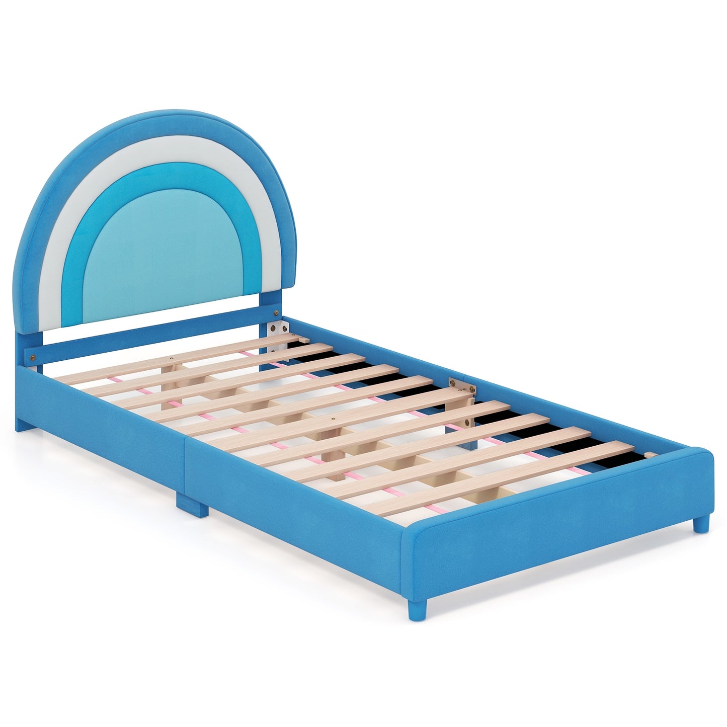 Twin Bed Frame with Height-Adjustable Headboard and Sturdy Wooden Slats-Blue Kids Crystal
