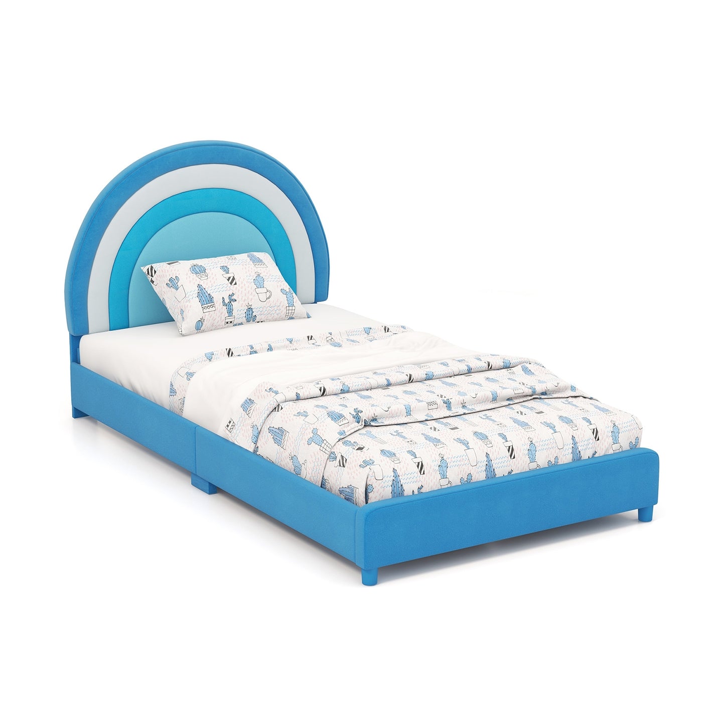 Twin Bed Frame with Height-Adjustable Headboard and Sturdy Wooden Slats-Blue Kids Crystal