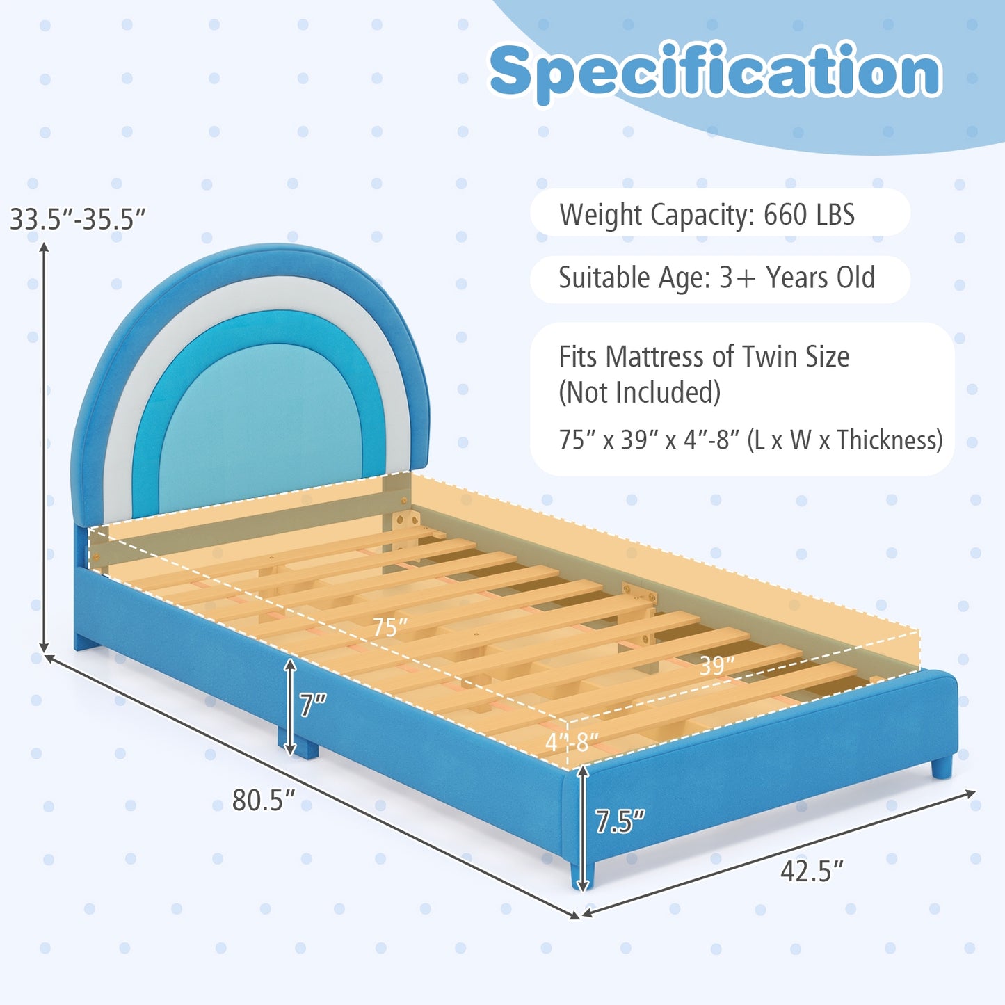 Twin Bed Frame with Height-Adjustable Headboard and Sturdy Wooden Slats-Blue Kids Crystal
