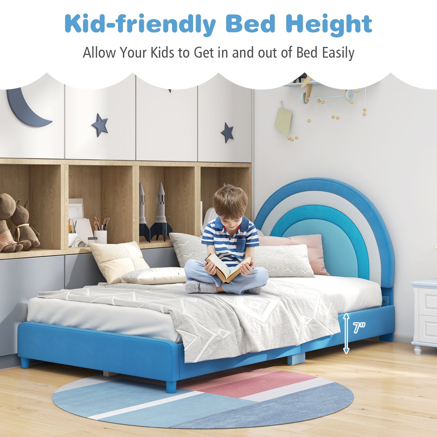 Twin Bed Frame with Height-Adjustable Headboard and Sturdy Wooden Slats-Blue Kids Crystal