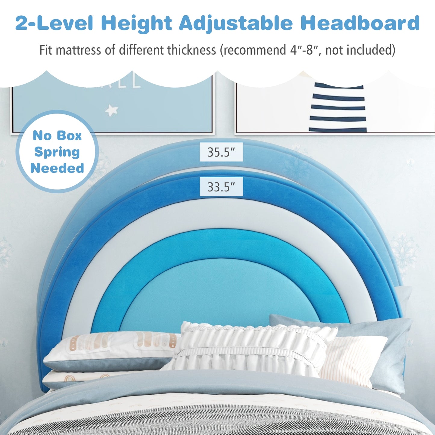 Twin Bed Frame with Height-Adjustable Headboard and Sturdy Wooden Slats-Blue Kids Crystal