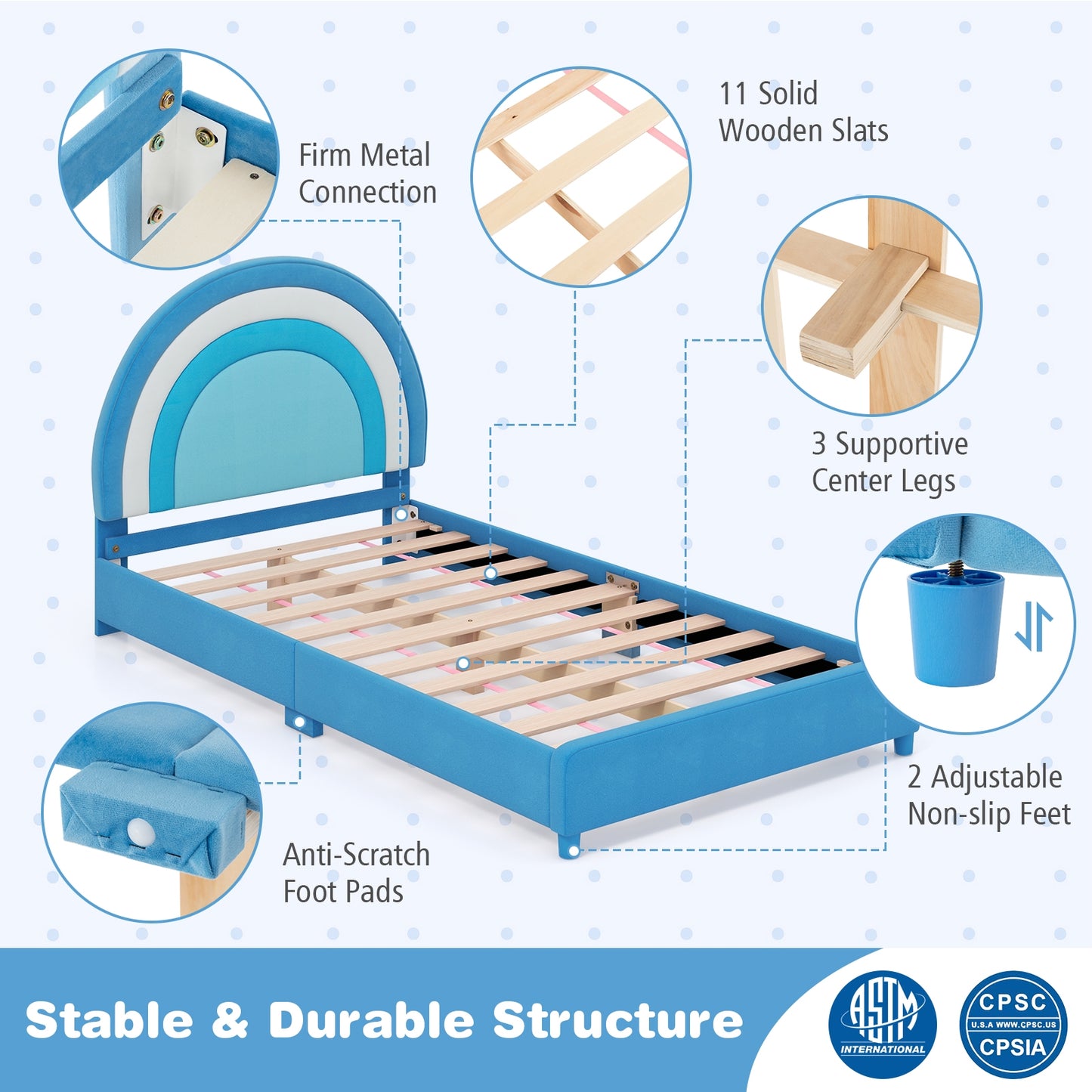Twin Bed Frame with Height-Adjustable Headboard and Sturdy Wooden Slats-Blue Kids Crystal