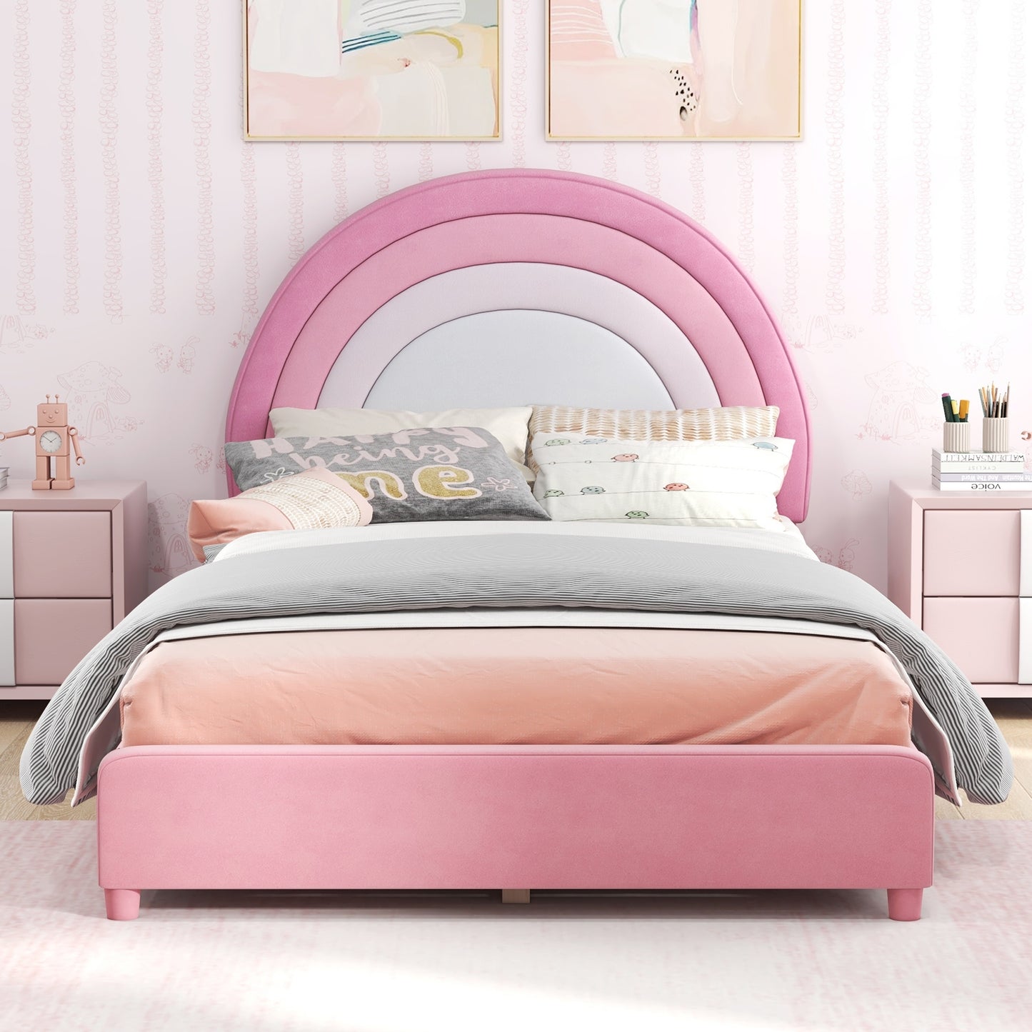 Twin Bed Frame with Height-Adjustable Headboard and Sturdy Wooden Slats-White & Pink Kids Crystal