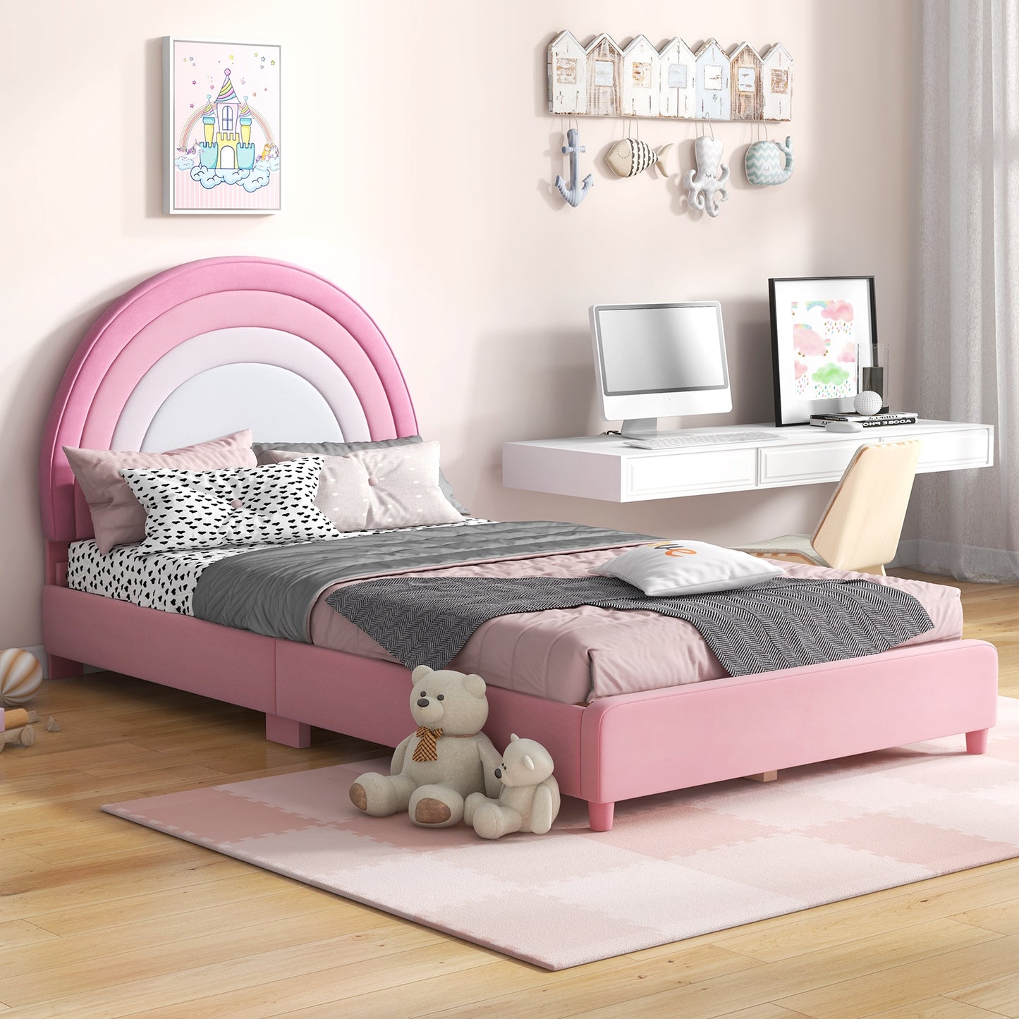 Twin Bed Frame with Height-Adjustable Headboard and Sturdy Wooden Slats-White & Pink Kids Crystal
