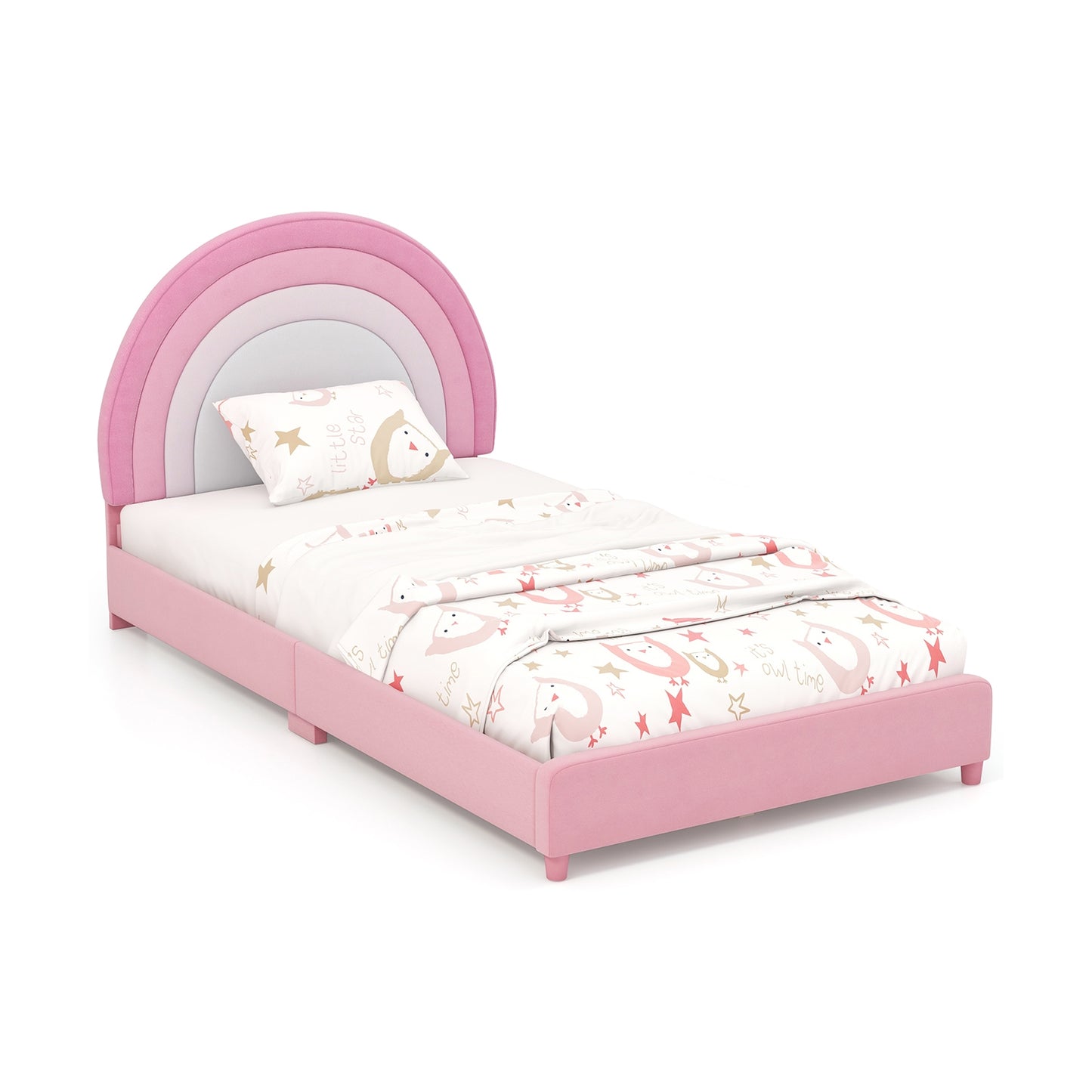 Twin Bed Frame with Height-Adjustable Headboard and Sturdy Wooden Slats-White & Pink Kids Crystal
