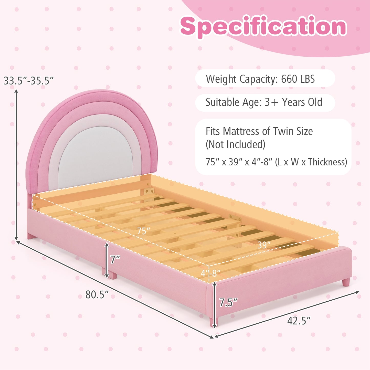 Twin Bed Frame with Height-Adjustable Headboard and Sturdy Wooden Slats-White & Pink Kids Crystal
