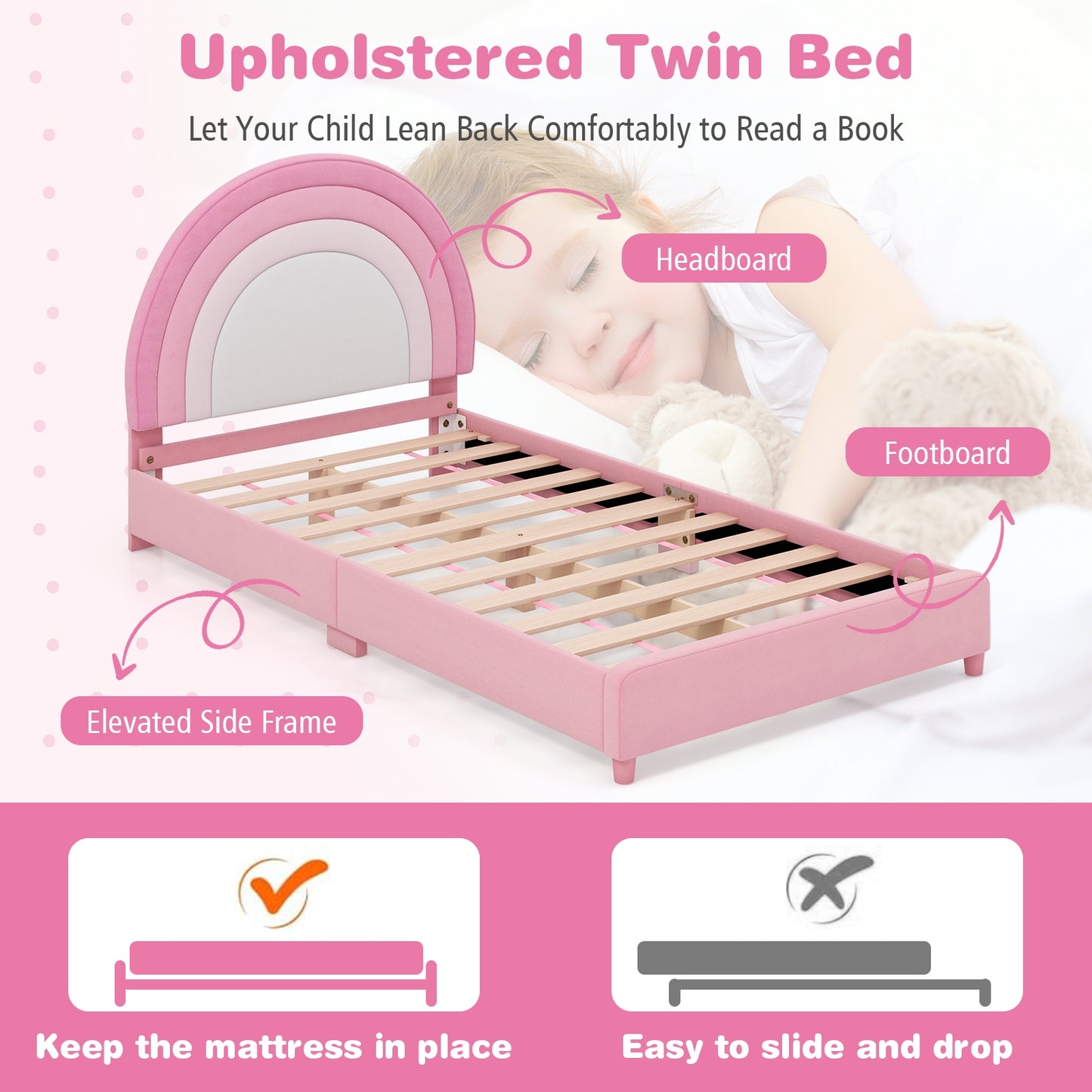 Twin Bed Frame with Height-Adjustable Headboard and Sturdy Wooden Slats-White & Pink Kids Crystal