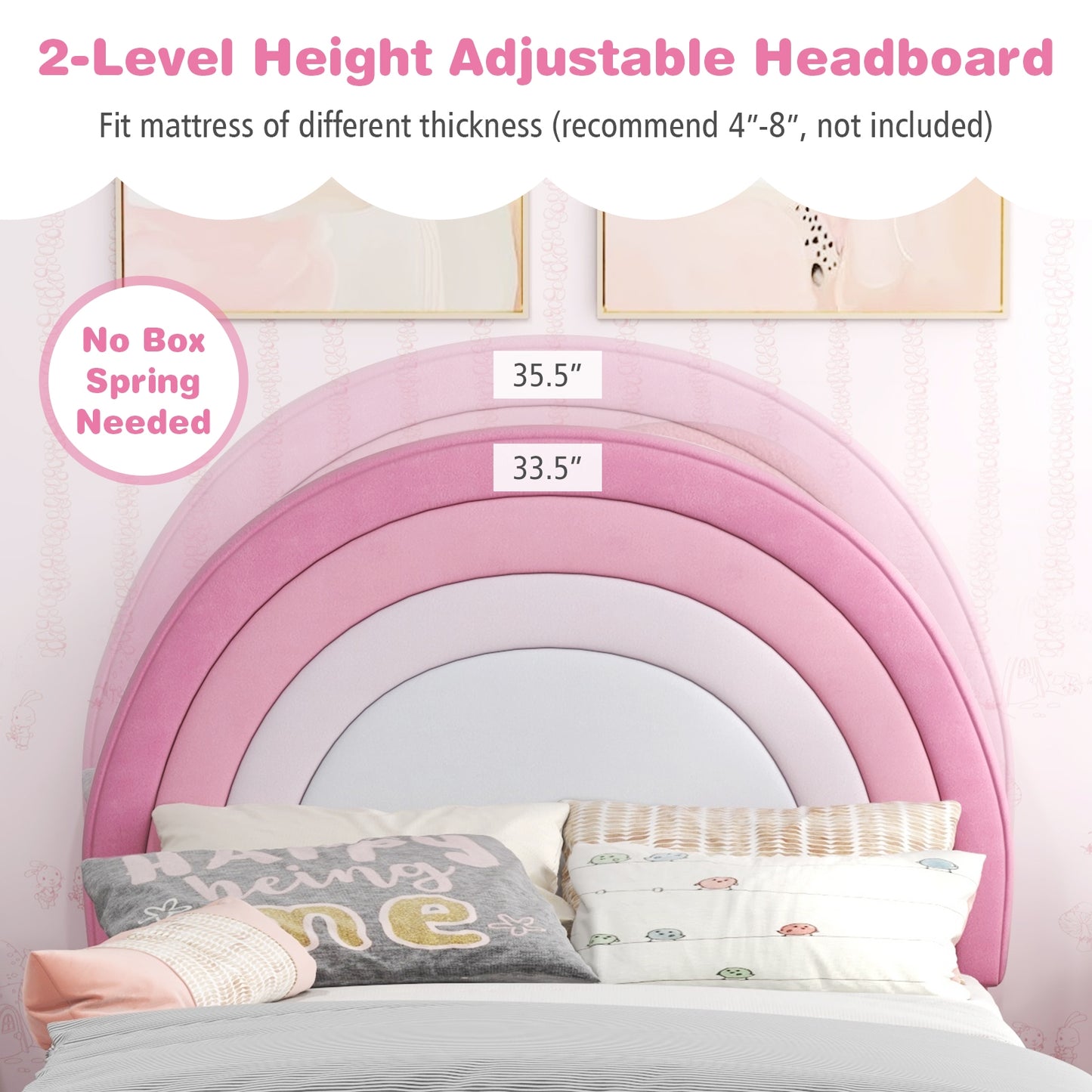 Twin Bed Frame with Height-Adjustable Headboard and Sturdy Wooden Slats-White & Pink Kids Crystal