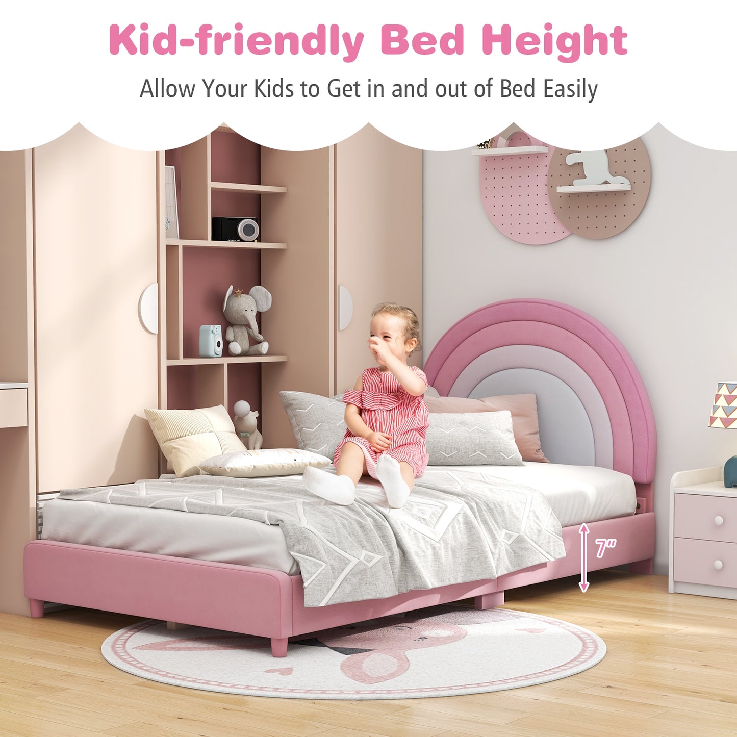Twin Bed Frame with Height-Adjustable Headboard and Sturdy Wooden Slats-White & Pink Kids Crystal