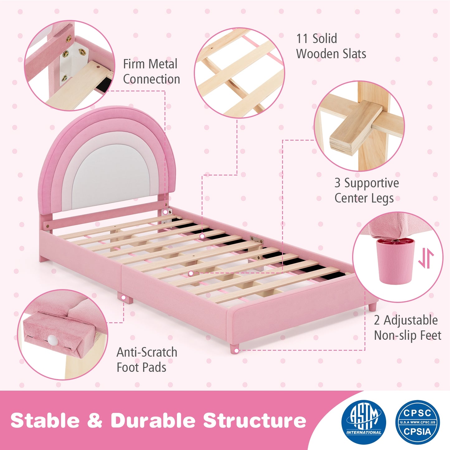 Twin Bed Frame with Height-Adjustable Headboard and Sturdy Wooden Slats-White & Pink Kids Crystal