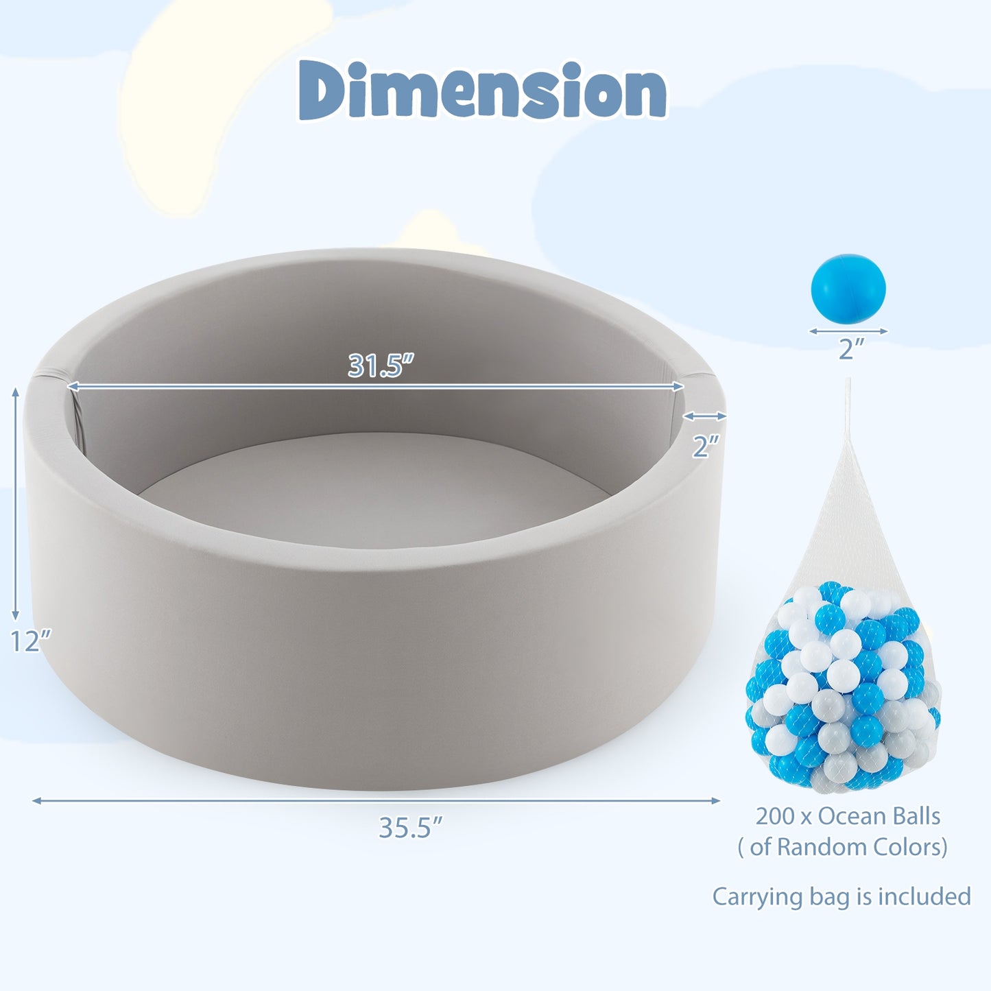 Kiddie Baby Playpen with 200 Ocean Balls and Storage Bag-Gray Kids Crystal