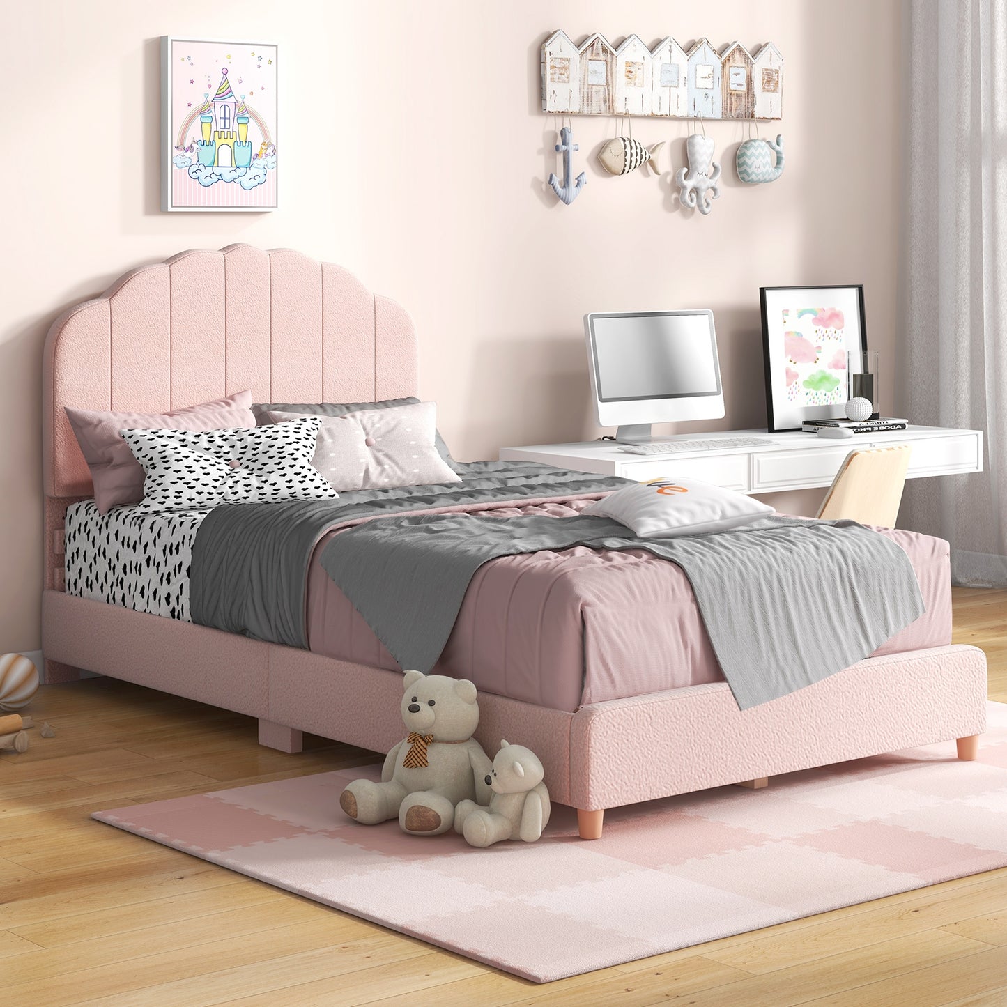 Twin Bed Frame with Height-Adjustable Headboard and Sturdy Wooden Slats-Pink Kids Crystal