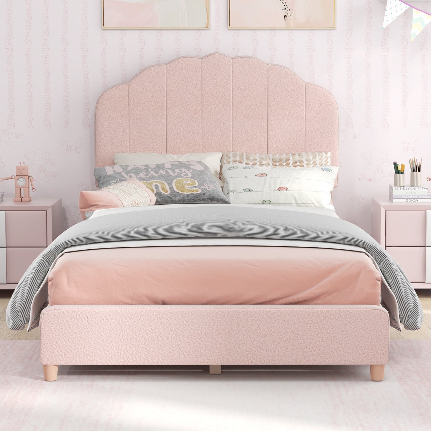 Twin Bed Frame with Height-Adjustable Headboard and Sturdy Wooden Slats-Pink Kids Crystal
