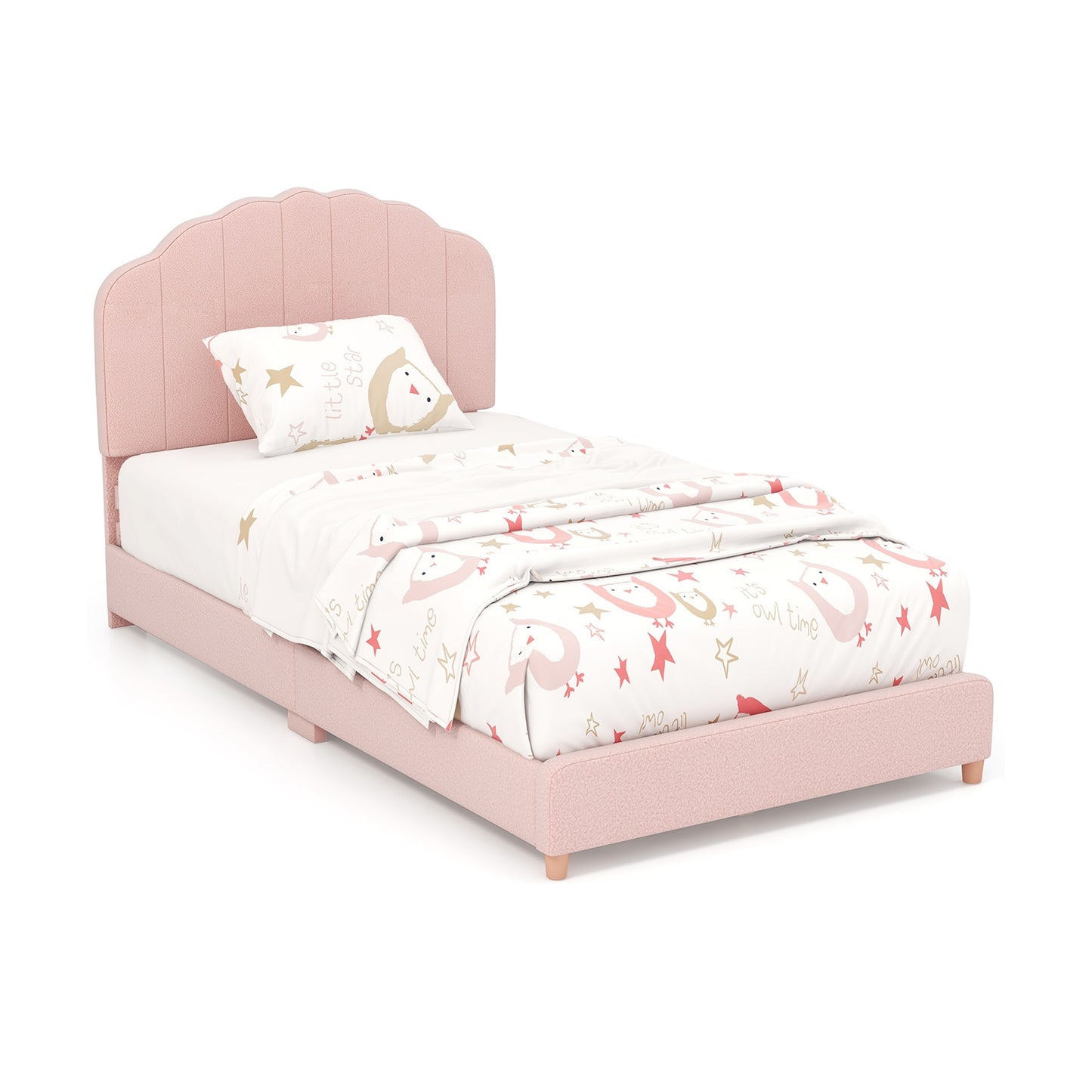 Twin Bed Frame with Height-Adjustable Headboard and Sturdy Wooden Slats-Pink Kids Crystal