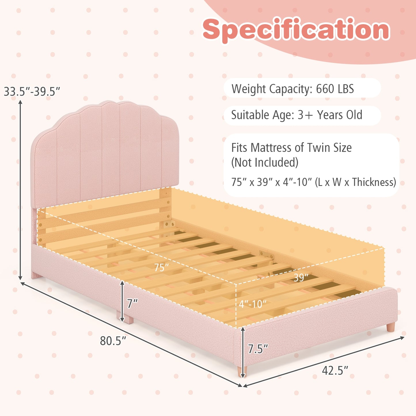 Twin Bed Frame with Height-Adjustable Headboard and Sturdy Wooden Slats-Pink Kids Crystal