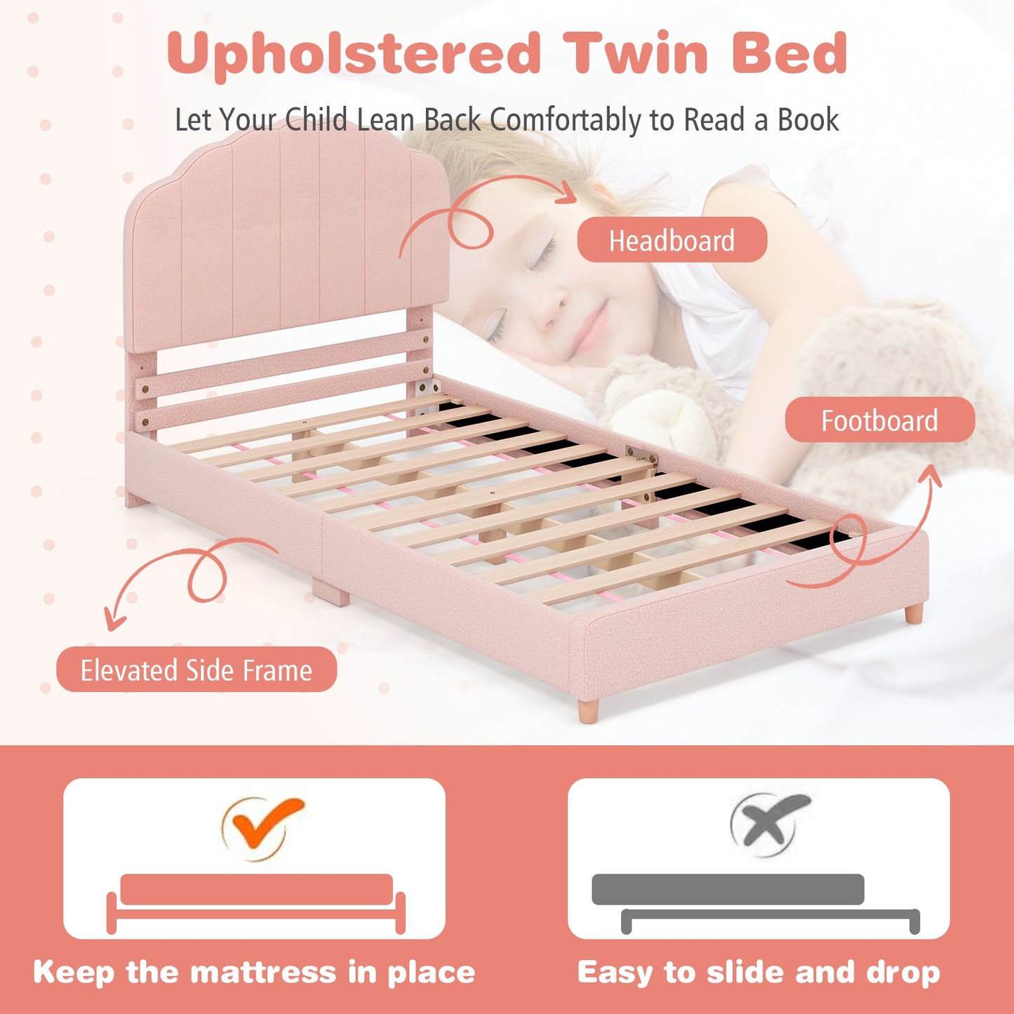 Twin Bed Frame with Height-Adjustable Headboard and Sturdy Wooden Slats-Pink Kids Crystal