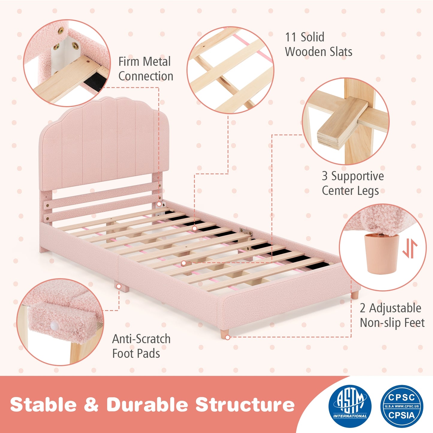Twin Bed Frame with Height-Adjustable Headboard and Sturdy Wooden Slats-Pink Kids Crystal
