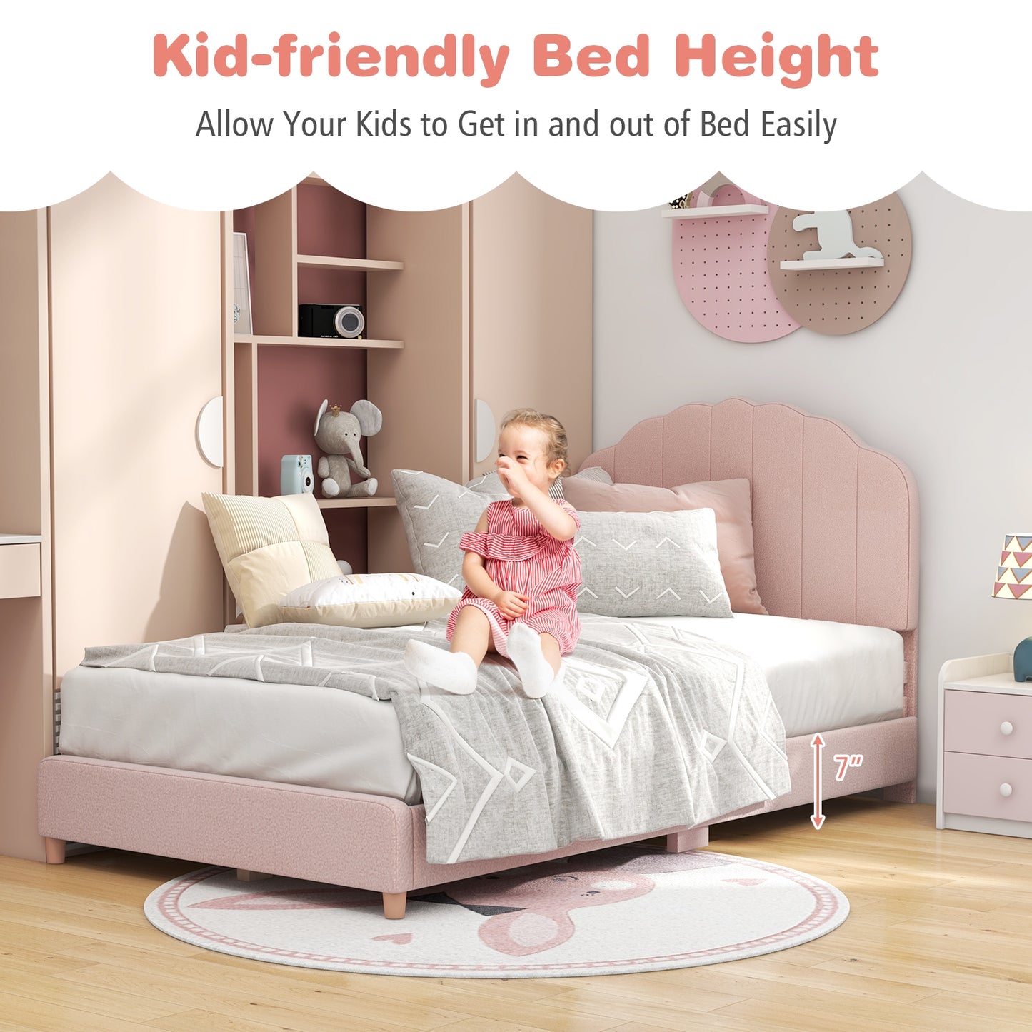 Twin Bed Frame with Height-Adjustable Headboard and Sturdy Wooden Slats-Pink Kids Crystal