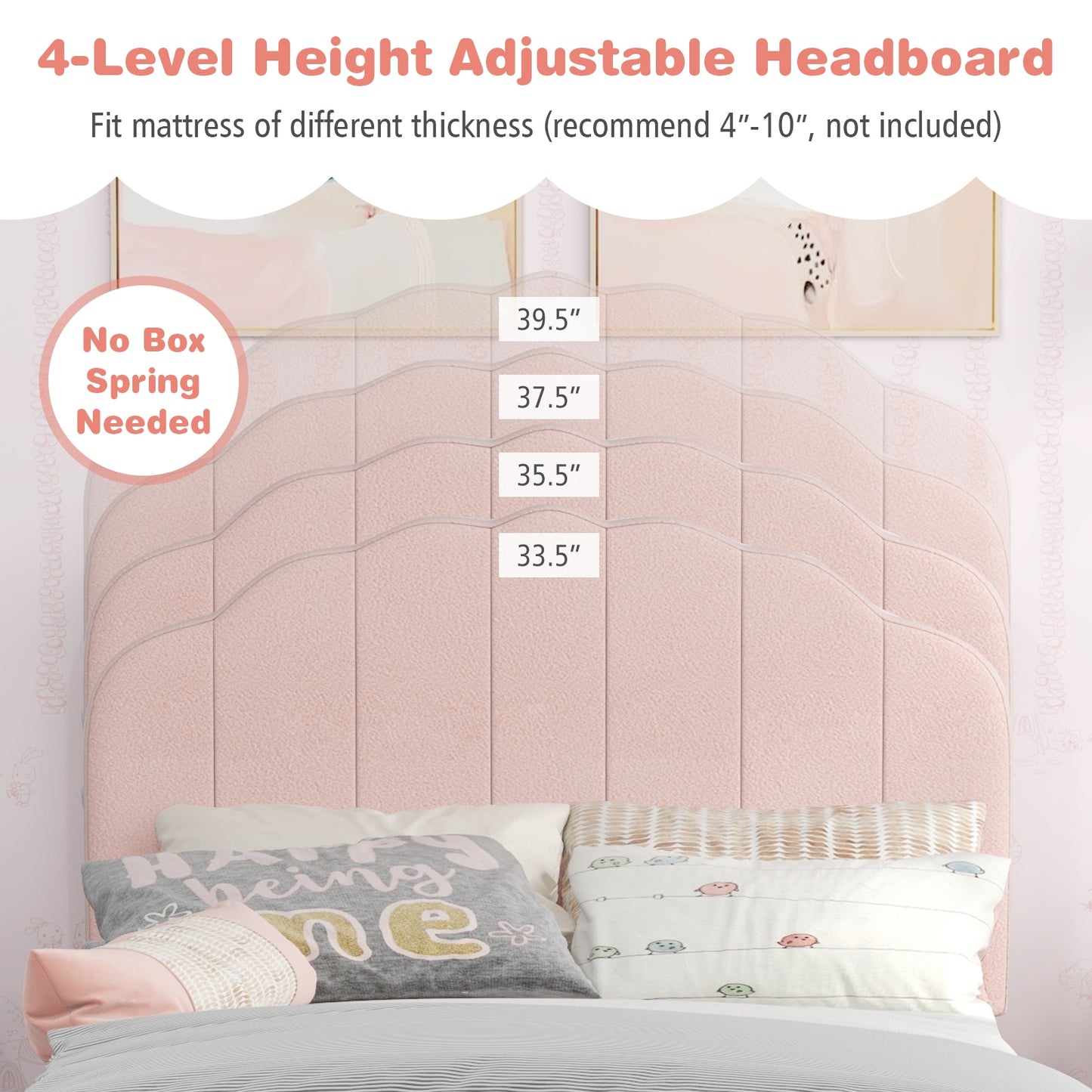 Twin Bed Frame with Height-Adjustable Headboard and Sturdy Wooden Slats-Pink Kids Crystal