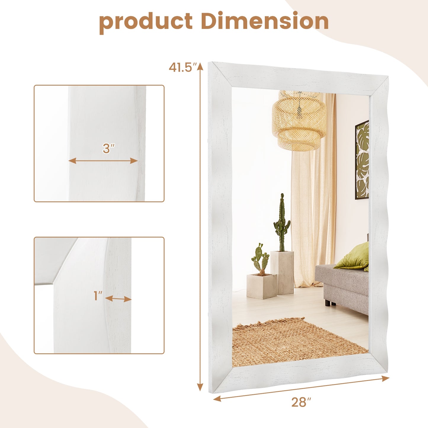 41.5 x 28 inches Farmhouse Wall Mirror with Solid Wood Frame-White Kids Crystal
