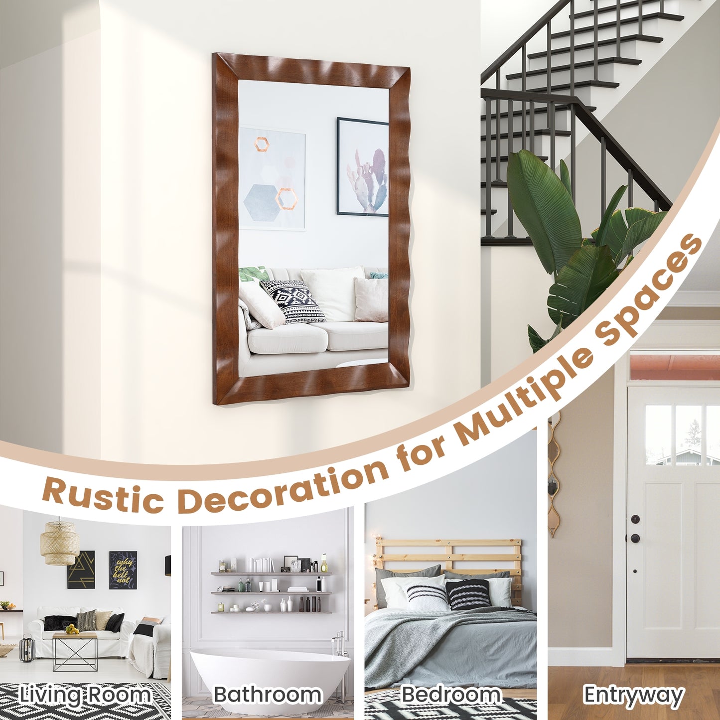 41.5 x 28 inches Farmhouse Wall Mirror with Solid Wood Frame-Brown Kids Crystal