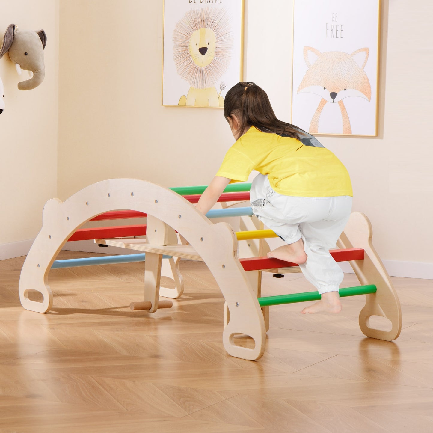 4-in-1 Multifunctional Wooden Climbing Toys with Rocker and Crawling Tunnel-Multicolor Kids Crystal