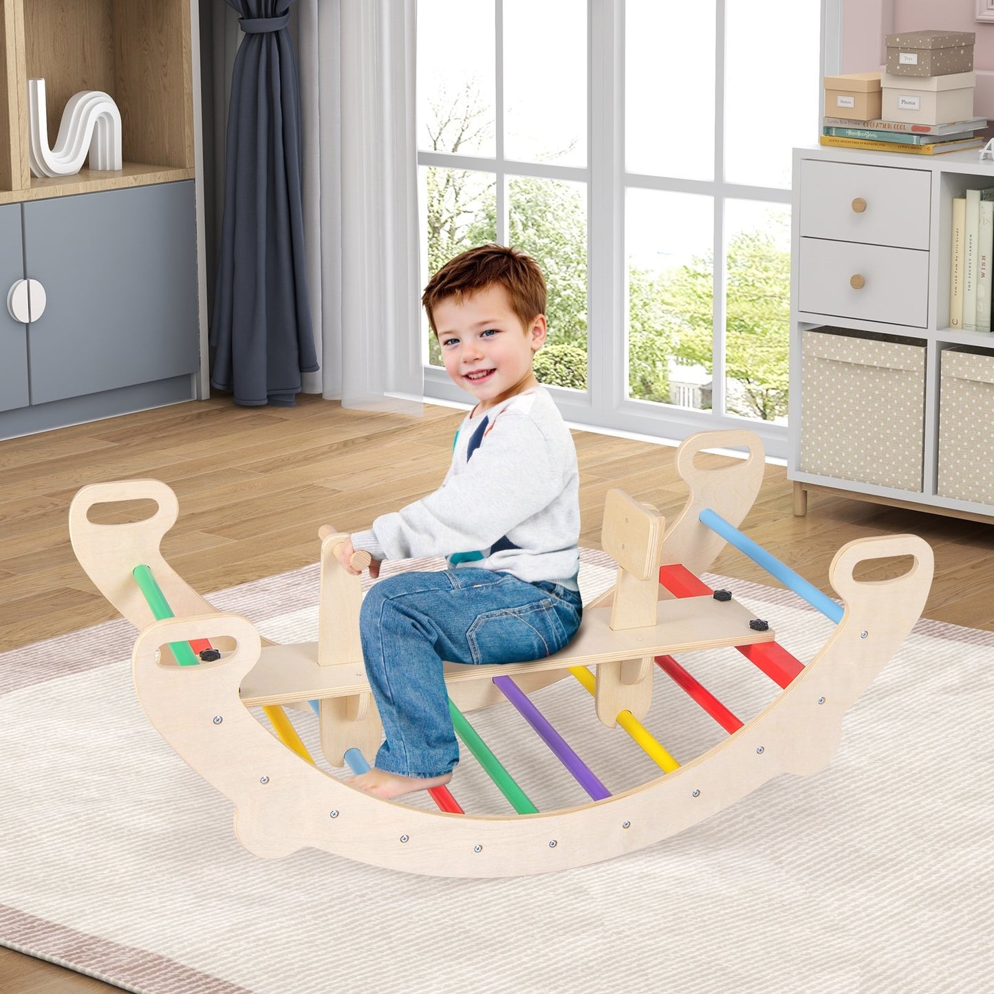 4-in-1 Multifunctional Wooden Climbing Toys with Rocker and Crawling Tunnel-Multicolor Kids Crystal