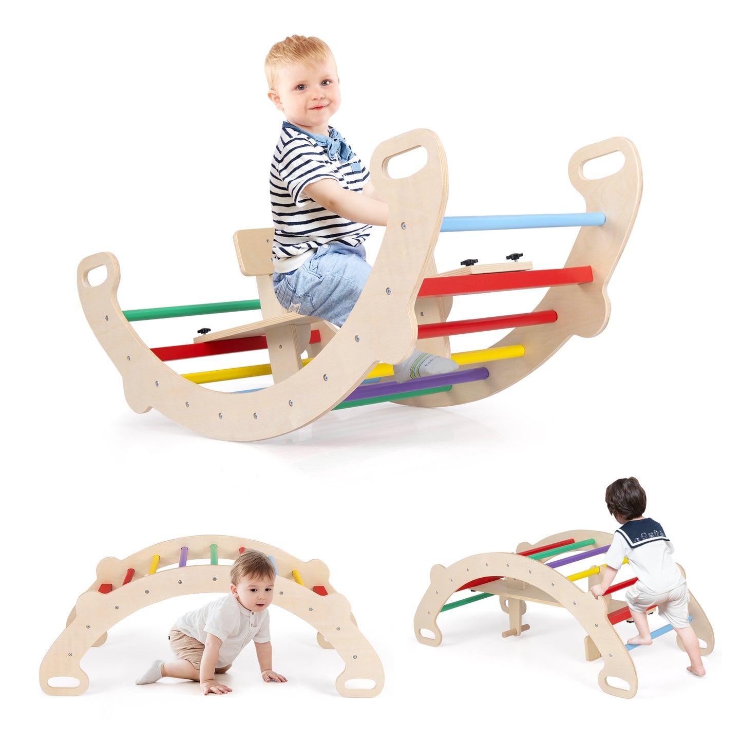 4-in-1 Multifunctional Wooden Climbing Toys with Rocker and Crawling Tunnel-Multicolor Kids Crystal