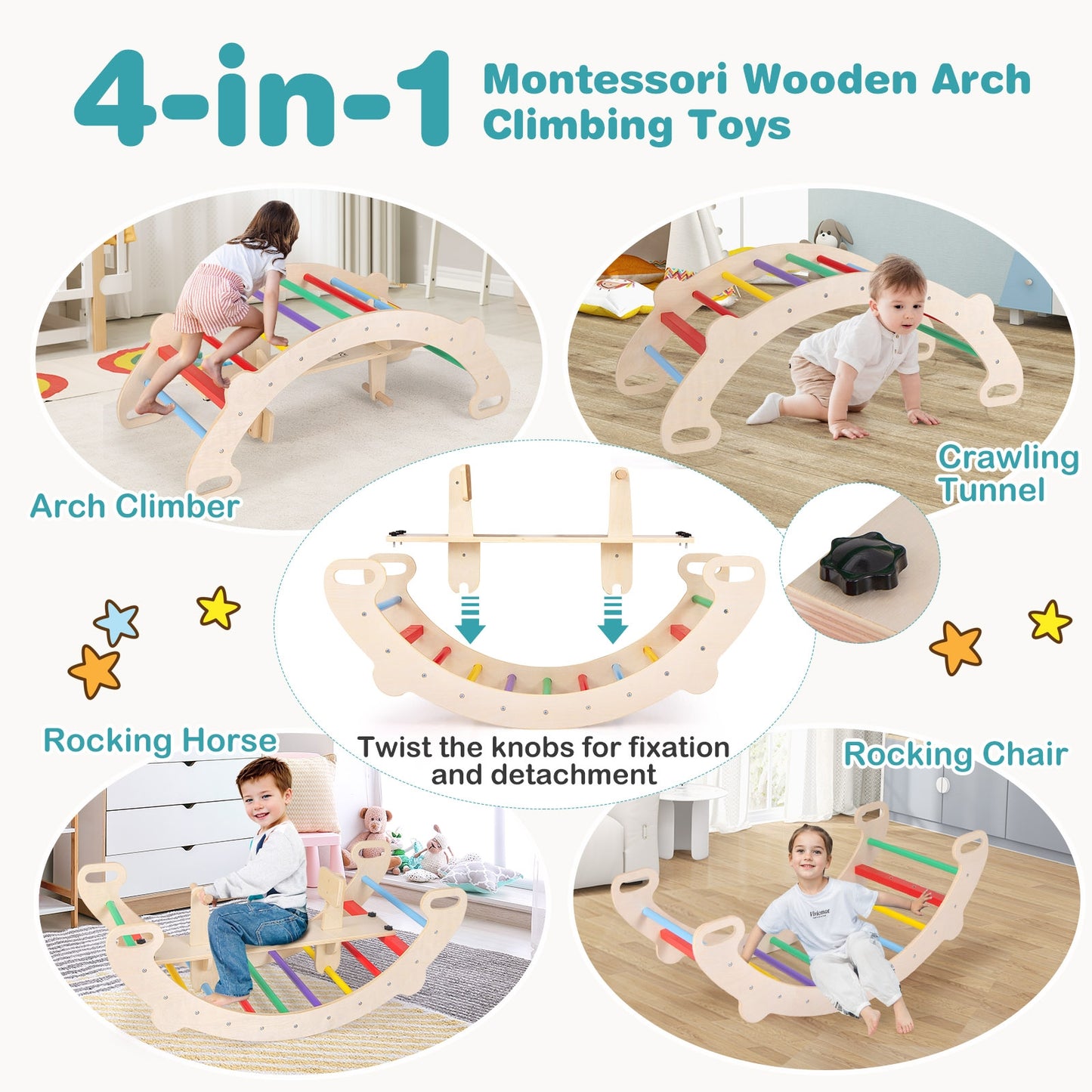 4-in-1 Multifunctional Wooden Climbing Toys with Rocker and Crawling Tunnel-Multicolor Kids Crystal