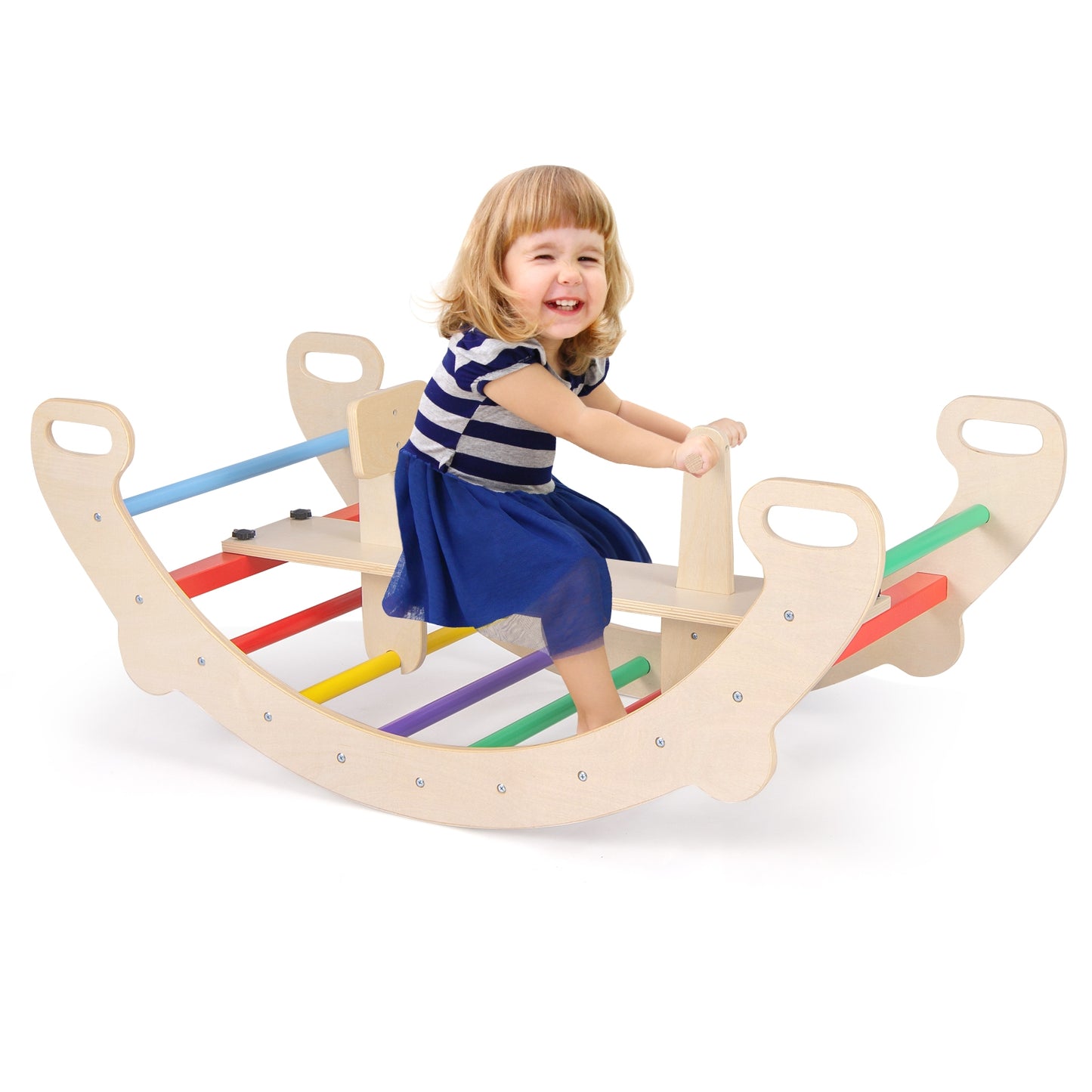 4-in-1 Multifunctional Wooden Climbing Toys with Rocker and Crawling Tunnel-Multicolor Kids Crystal