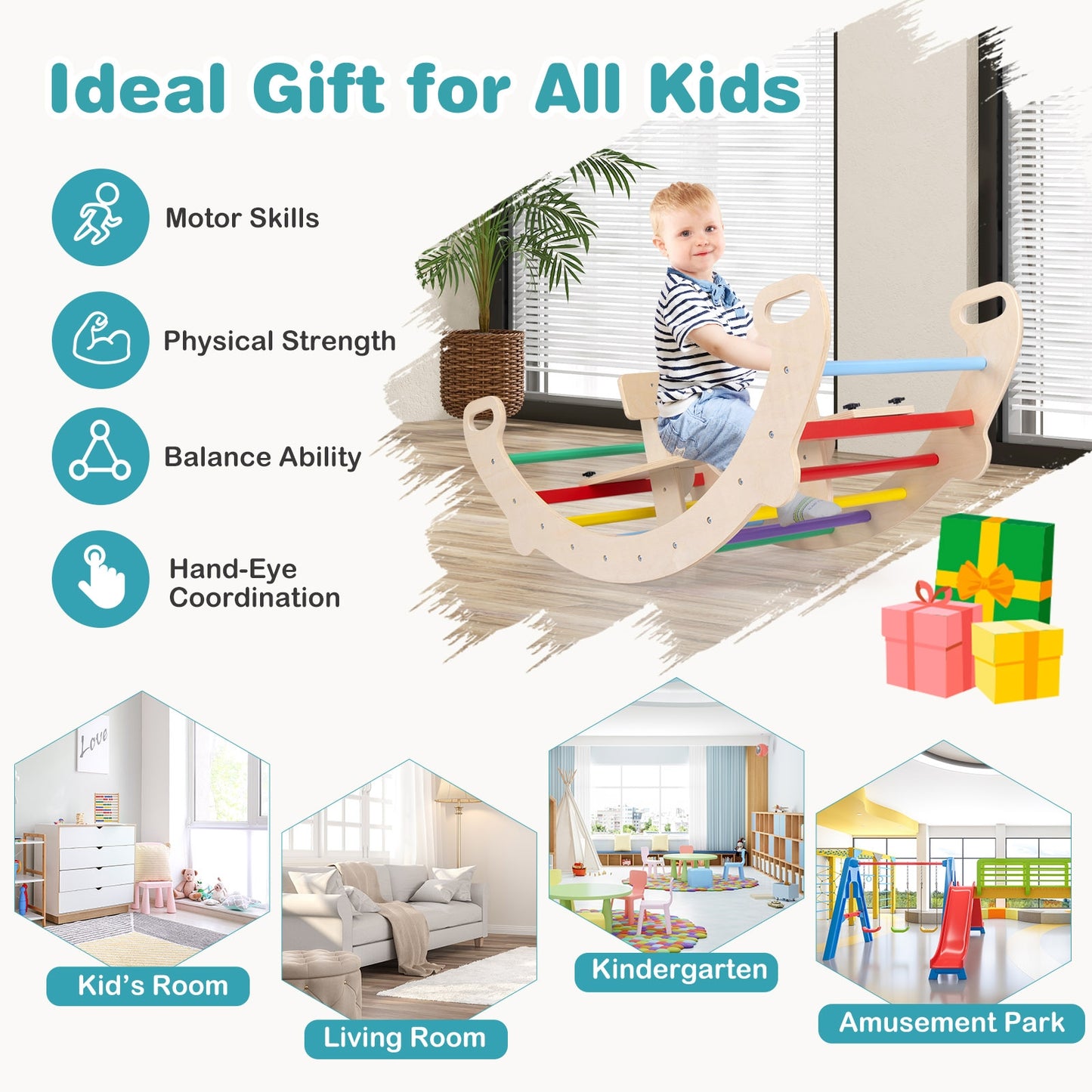4-in-1 Multifunctional Wooden Climbing Toys with Rocker and Crawling Tunnel-Multicolor Kids Crystal
