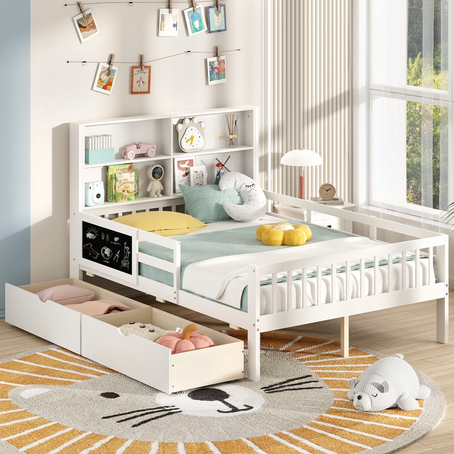Twin/Full Size Bed Frame with 2 Drawers and Bookcase for Boys and Girls-Full Size Kids Crystal