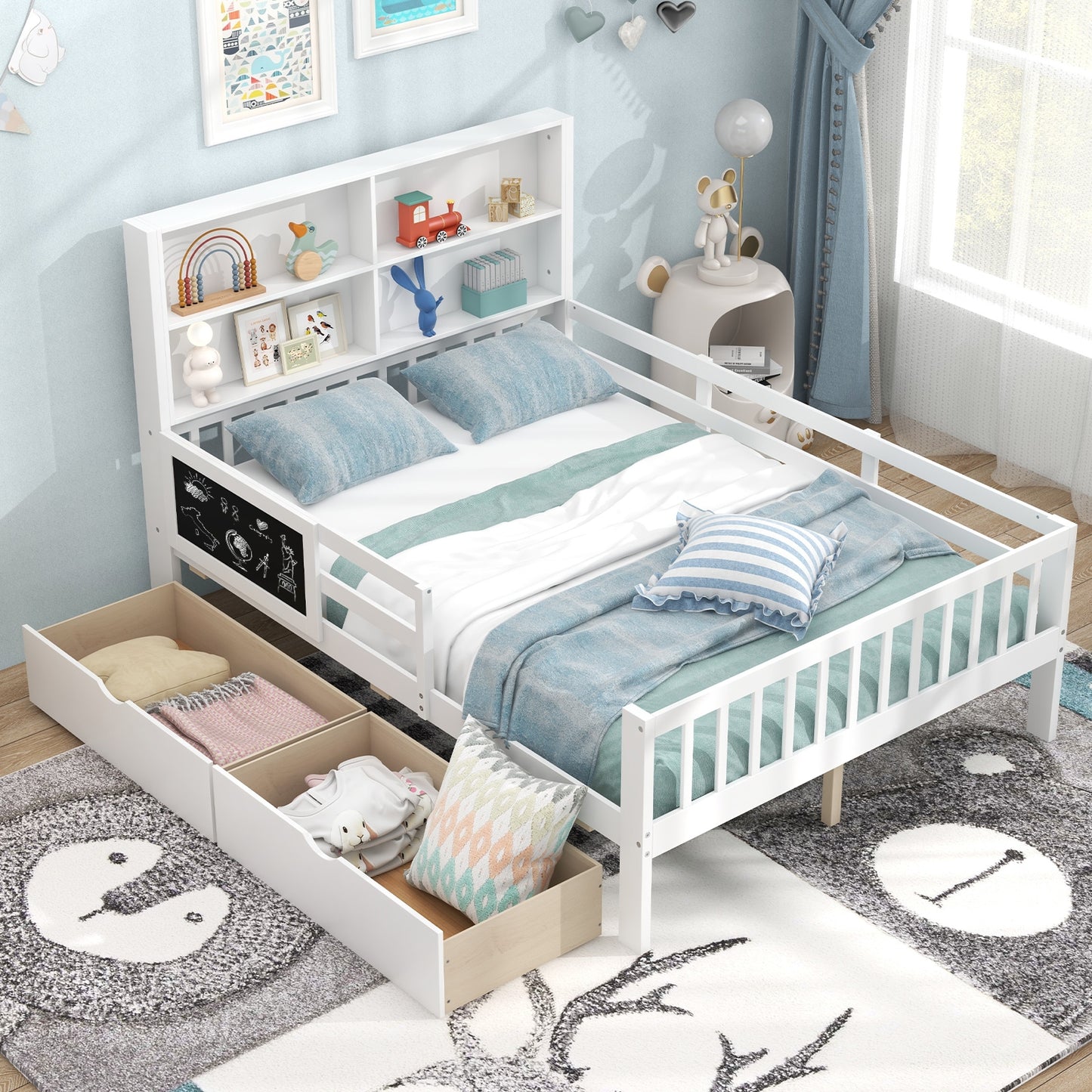 Twin/Full Size Bed Frame with 2 Drawers and Bookcase for Boys and Girls-Full Size Kids Crystal