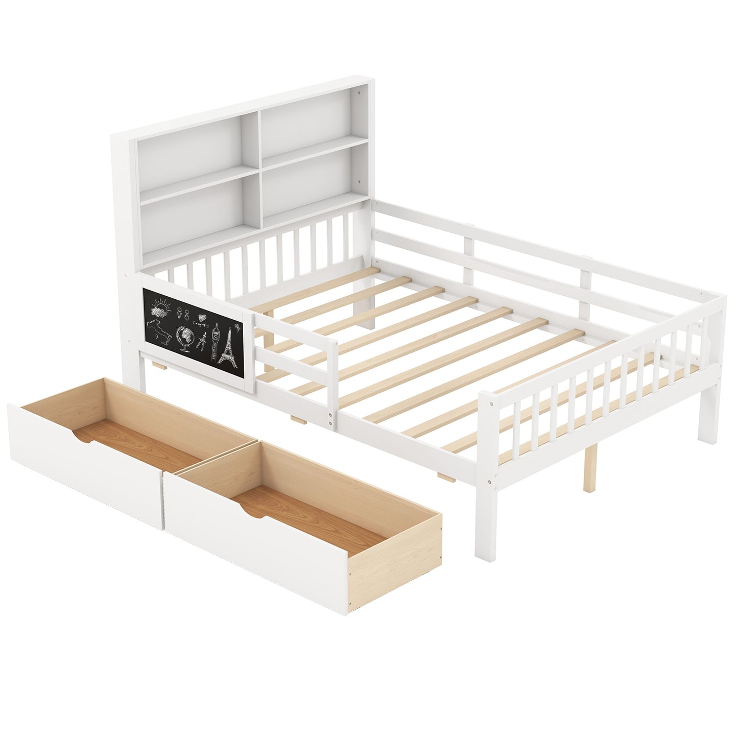 Twin/Full Size Bed Frame with 2 Drawers and Bookcase for Boys and Girls-Full Size Kids Crystal